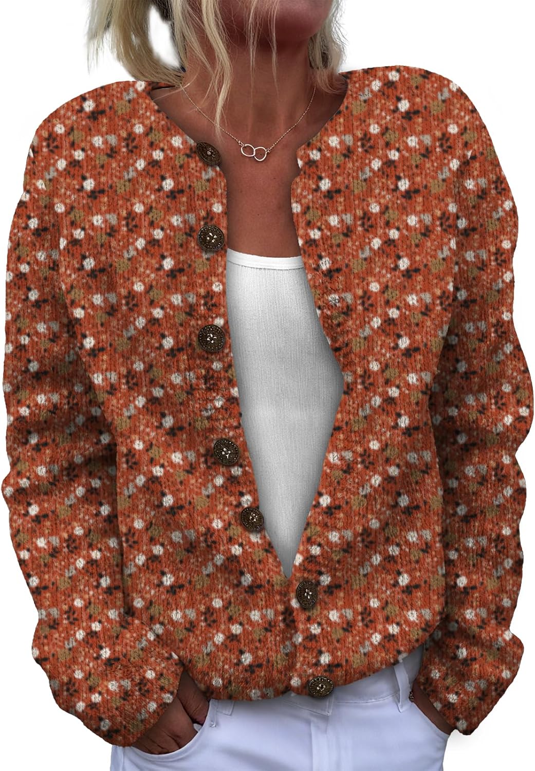 Cardigan Sweaters for Women Crewneck Long Sleeve Open Front Sweater Coatwear Slim Fit Floral Print Winter Cardigans