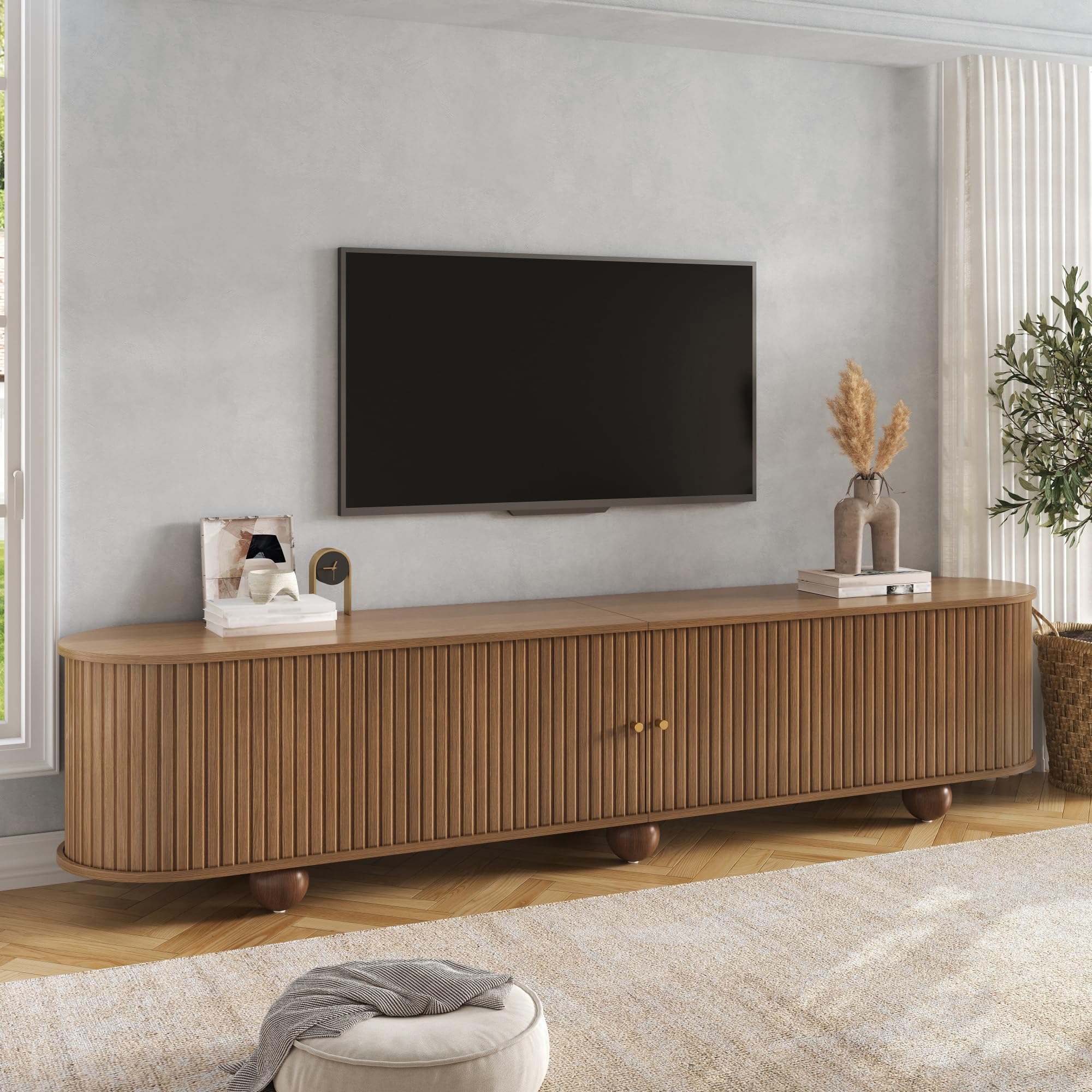 180cm Rundungen TV Schrank mit Schiebetüren, TV Lowboard Wohnzimmer | Retro TV Möbel,Wohnzimmermöbel, vertikal geriffelte Schiebetüren,Kugelfüße