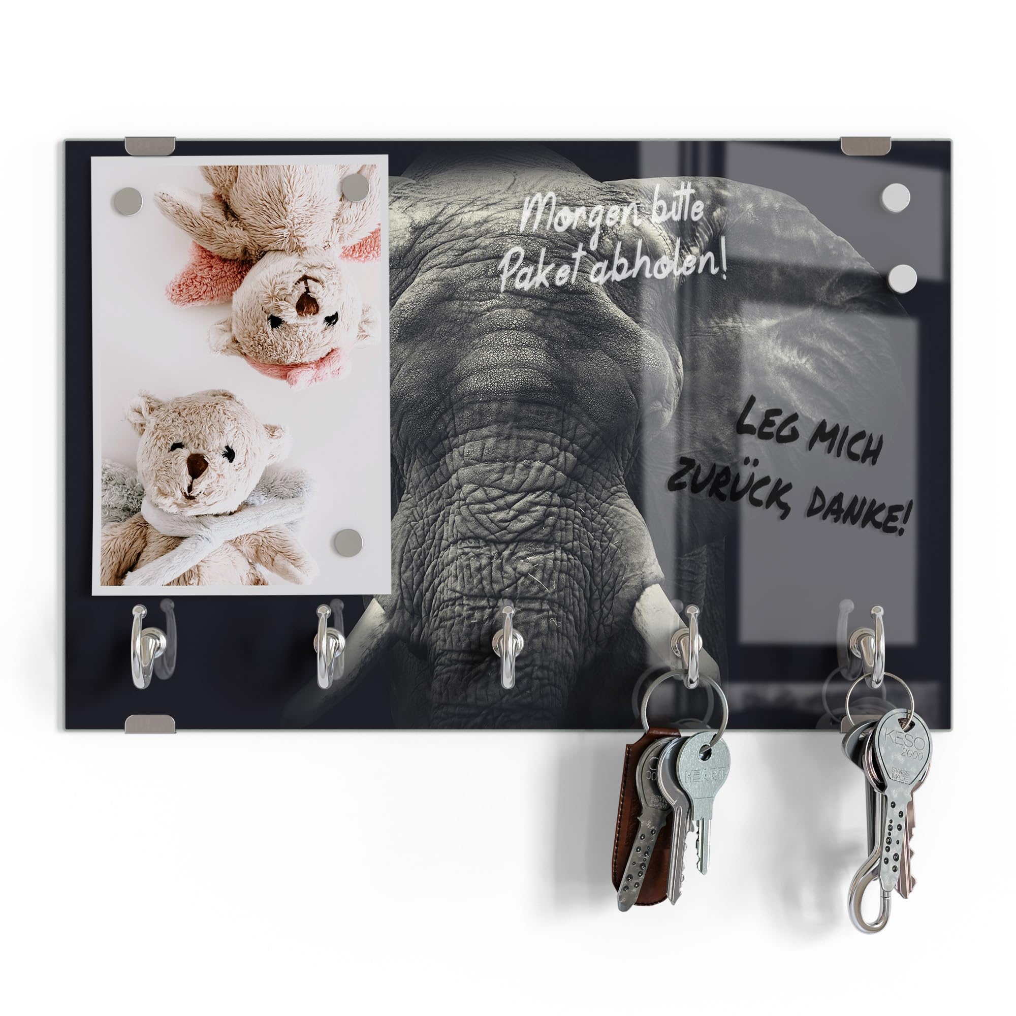 DEQORI Schlüsselbrett aus Glas | Motiv Der graue Gigant | ca. 30x20 cm | mit 5 Haken, magnetisch – moderne Schlüsselaufbewahrung & Schlüsselhalter für Flur, Büro, Schlüssel & Anhänger