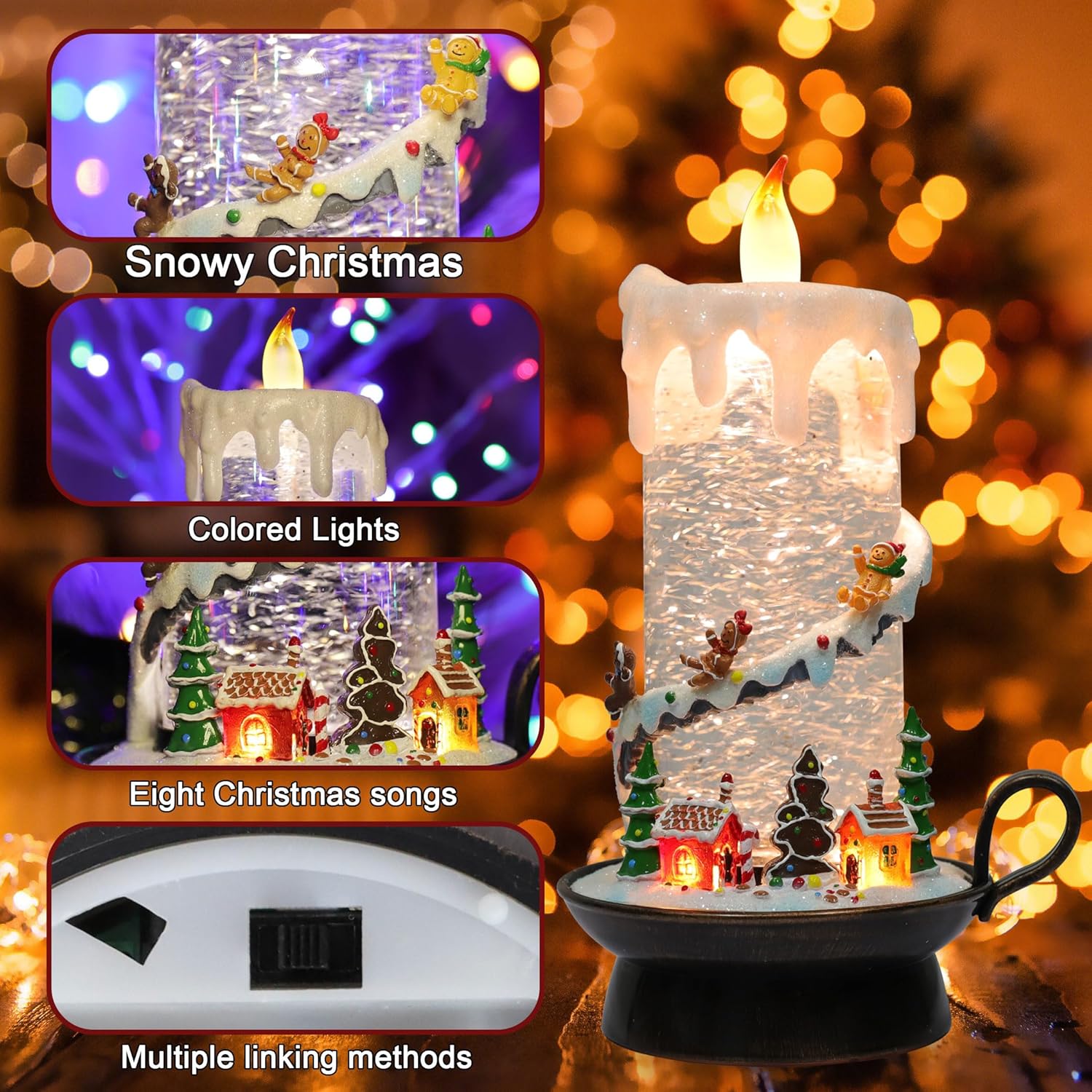 LAMPHOME Christmas Snow Globe Lantern, Candle Shaped Snow Lantern with Music Glittering Lighted Lantern Christmas Tree Snowman House Scene Festival Gift Timer Lighted Christmas Snow Globe