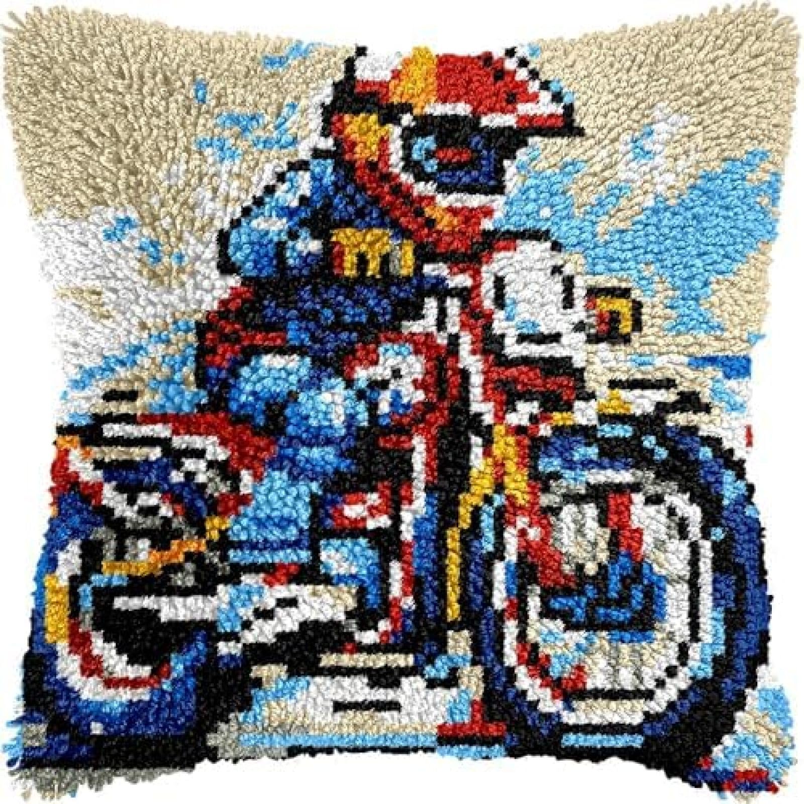 Ansiweigo Multicoloured Motor Bike Latch Hook Pillow Kits Pillow Cover Latch Hook Crafts Crochet Knitted Hooking Pillowcase Cushion Crafts Embroidery Latch Hooking Kits Material Set,17X17inch/43X43cm