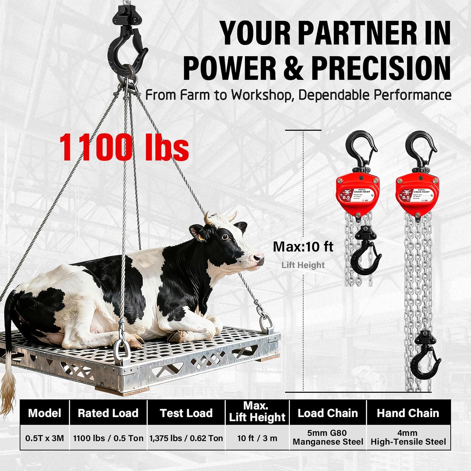 1/2 Ton Hand Chain Hoist, Compact & Lightweight Manual Chain Block 1100 lbs Working Load for Garage Automotive Mower Maintenance & DIY Lifting (1/2 TON | 10FT)