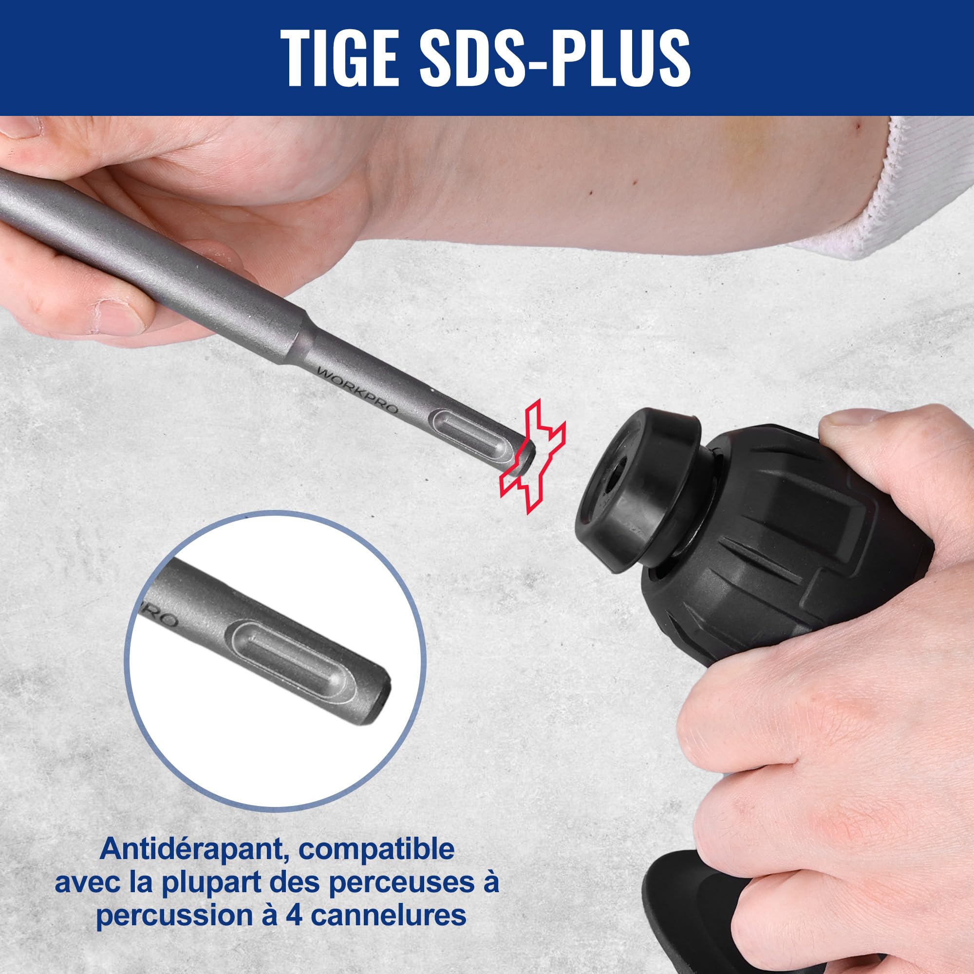WORKPRO Jeu de 15 Forets et Burins SDS-Plus | Ensemble de Forets à Béton avec Burins Pointus et Plats pour Brique, Ciment, Pierre, Béton et Maçonnerie