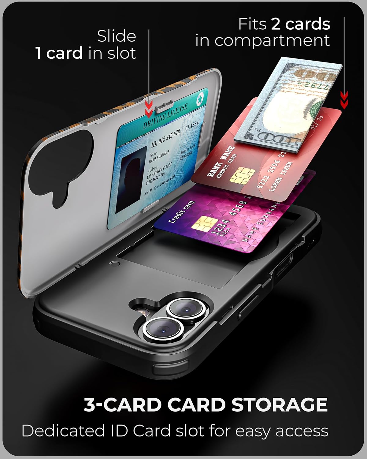 TORU for iPhone 16 Wallet Case with Card Holder, Hidden ID Credit Card Slot Flip Kickstand, Slim Fit Shockproof Heavy Duty Phone Cover with Strap - Leopard Pattern