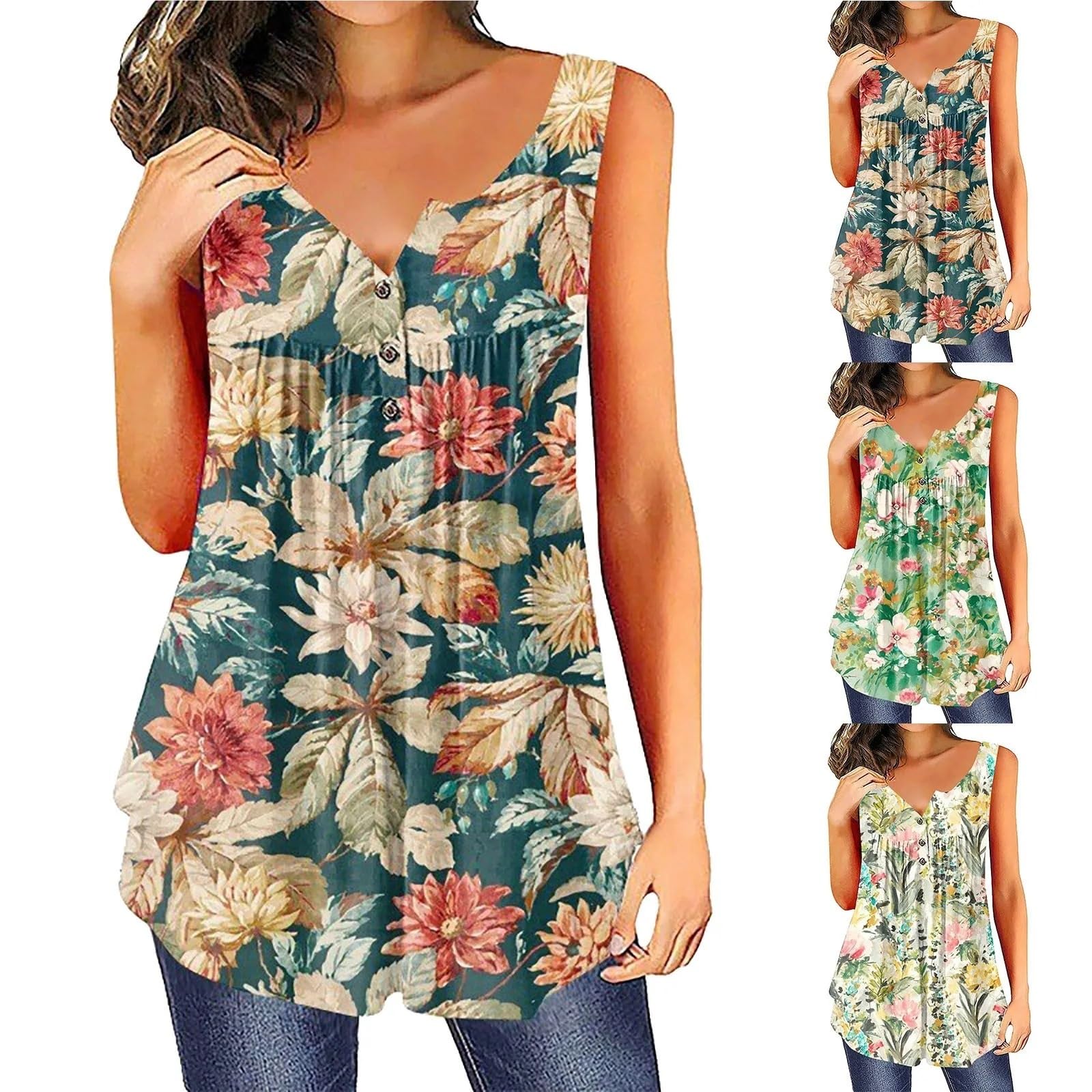 Camiseta de Tirantes algodón con Cuello Redondo y Estampado Floral for Mujer, Informal, sin Mangas, Dobladillo Irregular para Mujer