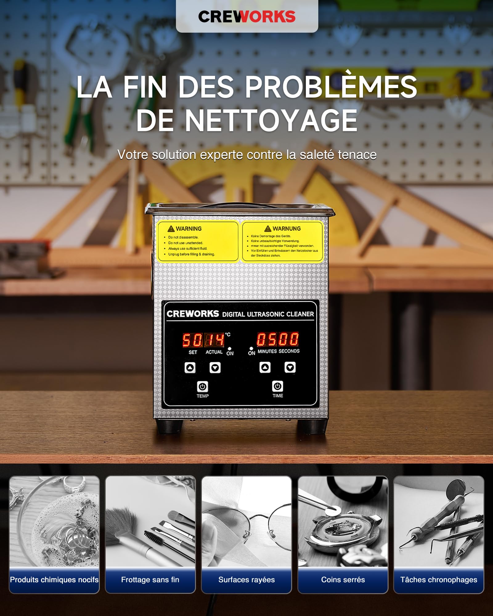 CREWORKS 2L Nettoyeur à Ultrasons 60W Bac Ultrasons 40kHz Professionnelle avec Fonction Minuterie et Chauffage en Acier Inoxydable 304 pour Bijoux Montres Lunettes