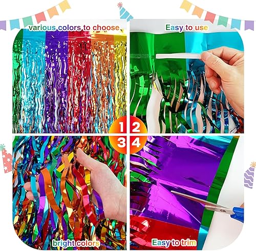 Miniatura 3 de Morcheiong Paquete de 2 faldas de mesa de oropel de 29.5 x 108 pulgadas con flecos de papel de aluminio arcoíris desechables para mesas