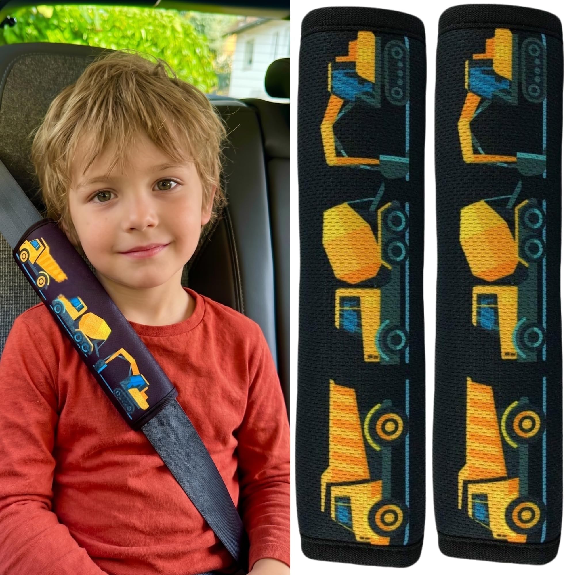 HECKBO 2 x Children's Car Seat Belt Pads with Construction Vehicles Motif - Boys Seat Belt Pads for Children and Babies - Ideal for Any Belt Car Seat Booster Children Bicycle Trailer Bicycle