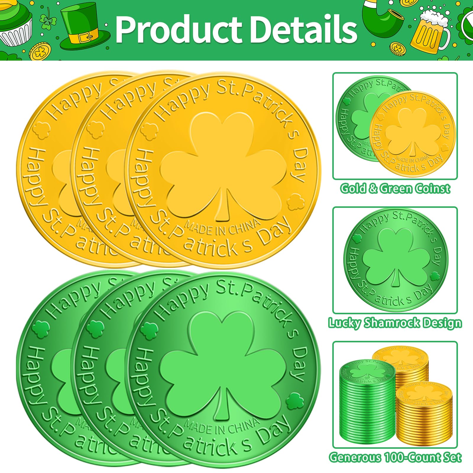 Snapklik.com : 100 PCS St Patricks Day Coins - Lucky Gold Green ...