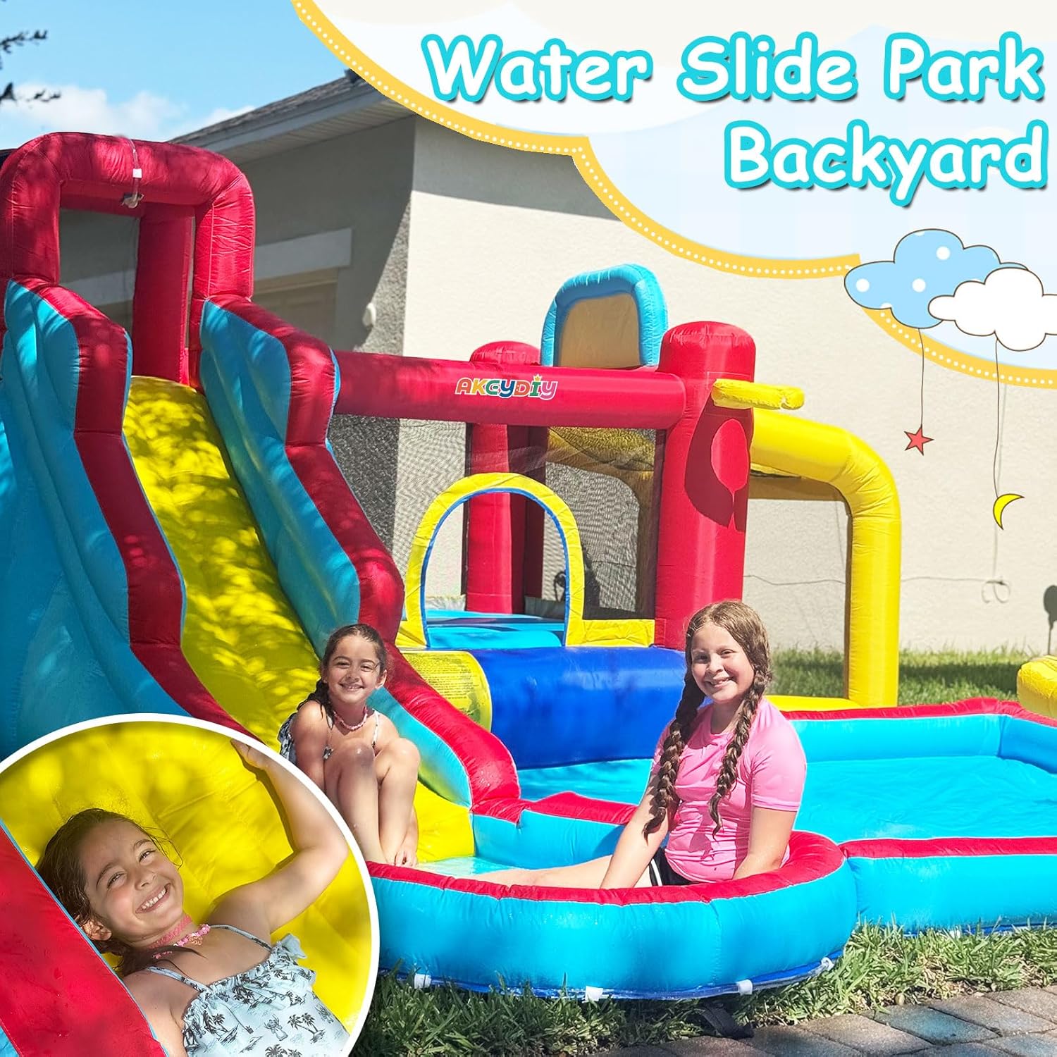 AKEYDIY Inflatable Bounce House for Kids 3-10, 12 in 1 Water Slide Park Backyard with Splash Pool, Ball Pit, Water Cannons, Basketball Hoop, Soccer Frame, Indoor/Outdoor Jumping House, 620W Blower