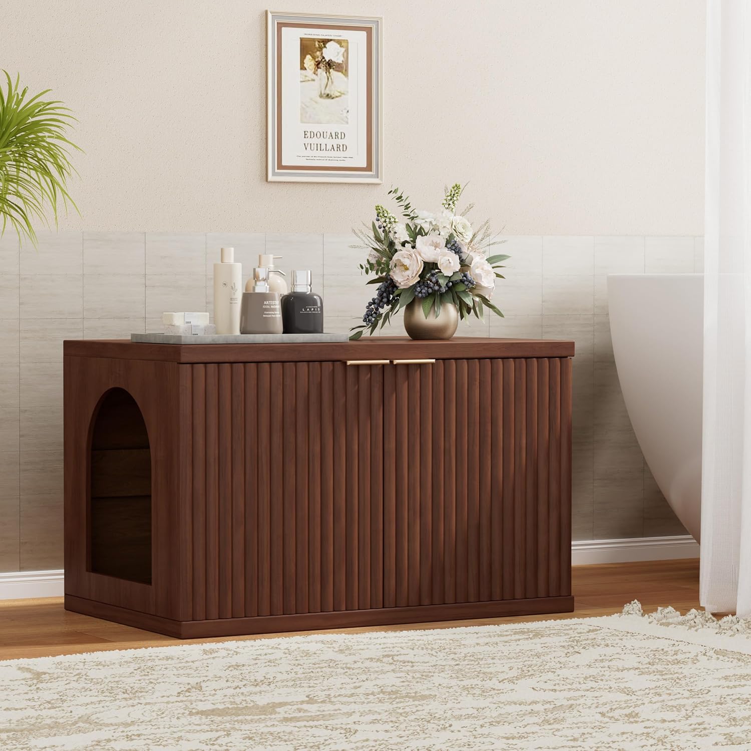 Homhedy Cat Litter Box Enclosure, Modern Fluted Accent Cat Washroom Furniture, Pet House, Fit Most of Litter Box, Reddish Brown
