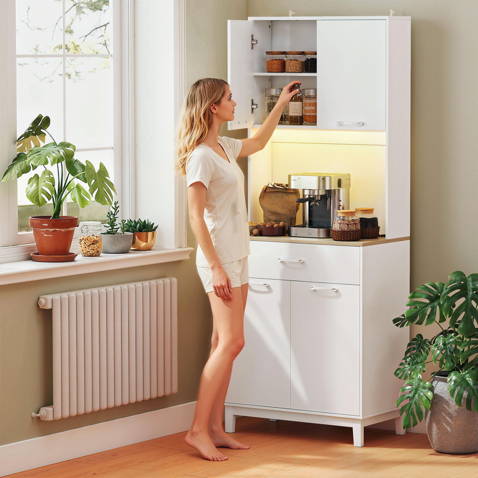 HOMCOM Credenza Cucina, Mobile Dispensa con Luci LED e Stazione di Ricarica con USB, Mobile Cucina con 2 Armadietti, Cassetto, Ripiani Regolabili, per Sala da Pranzo, Soggiorno, 71x40x180 cm, Bianco
