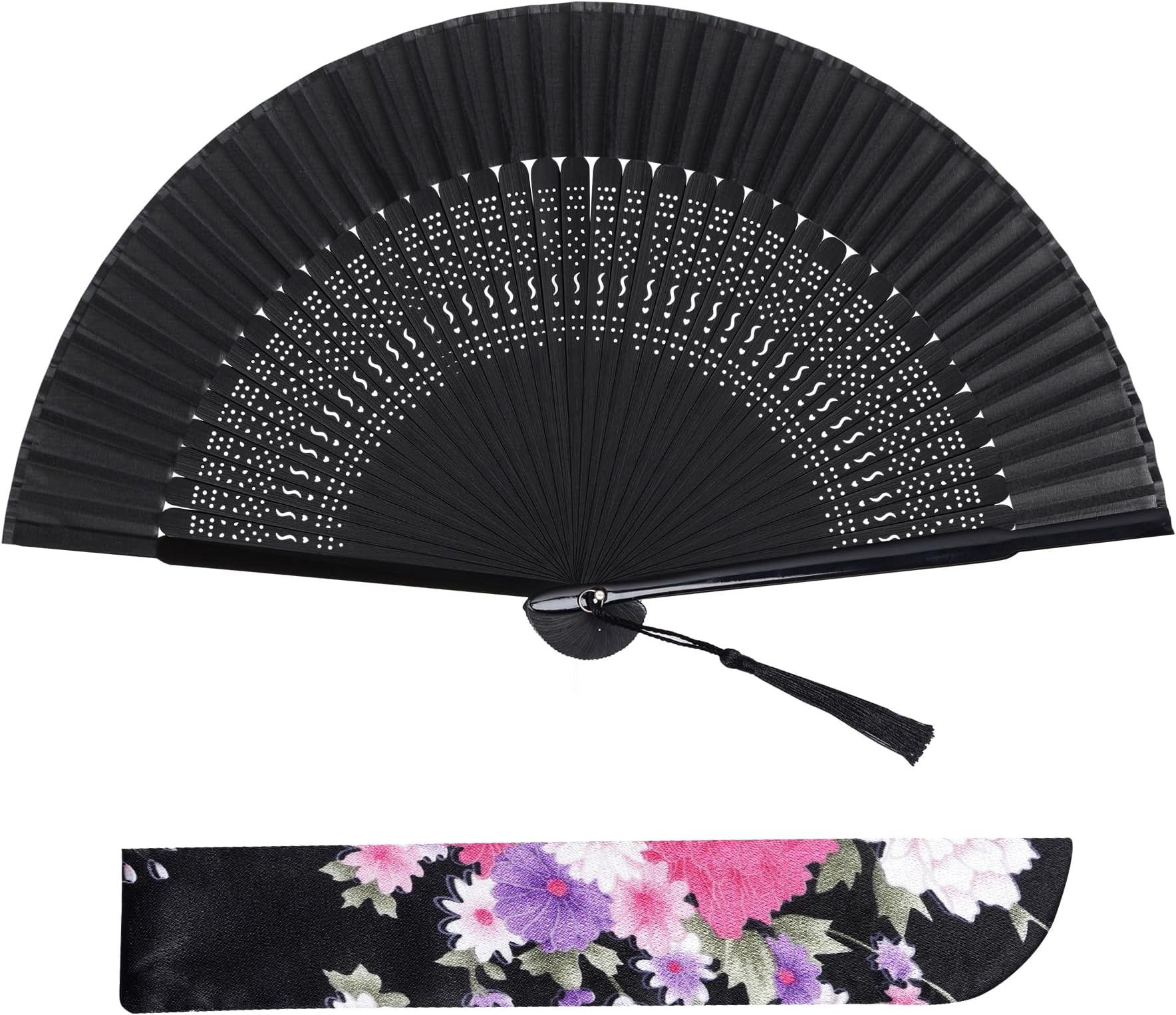 LystaiiFolding Hand Fans for Women - Chinese Japanese Bamboo Vintage Silk Black Fan for Church, Gift, Wedding, Party,Dance, Performance, Music Festival