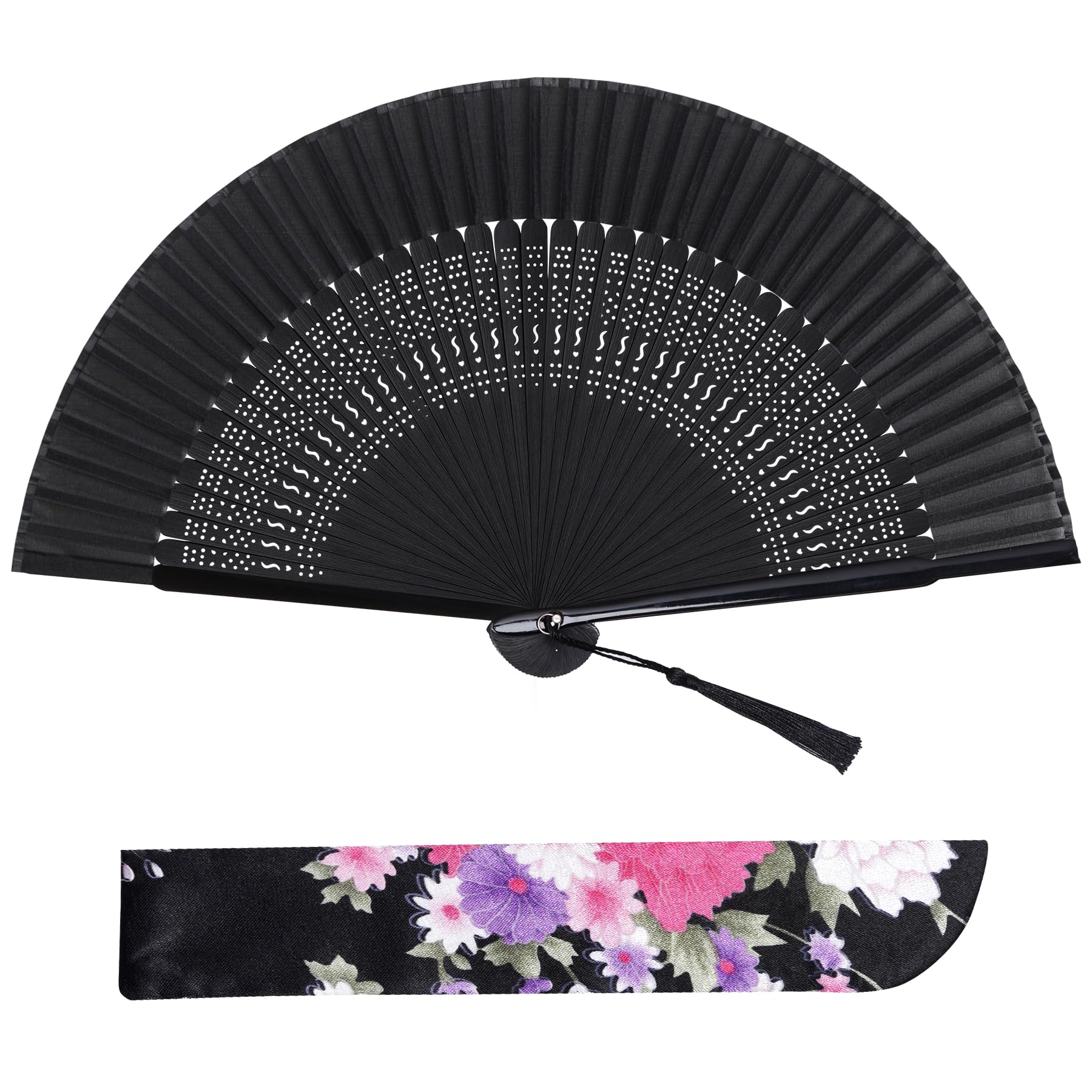 LystaiiFolding Hand Fans for Women - Chinese Japanese Bamboo Vintage Silk Black Fan for Church, Gift, Wedding, Party，Dance, Performance, Music Festival