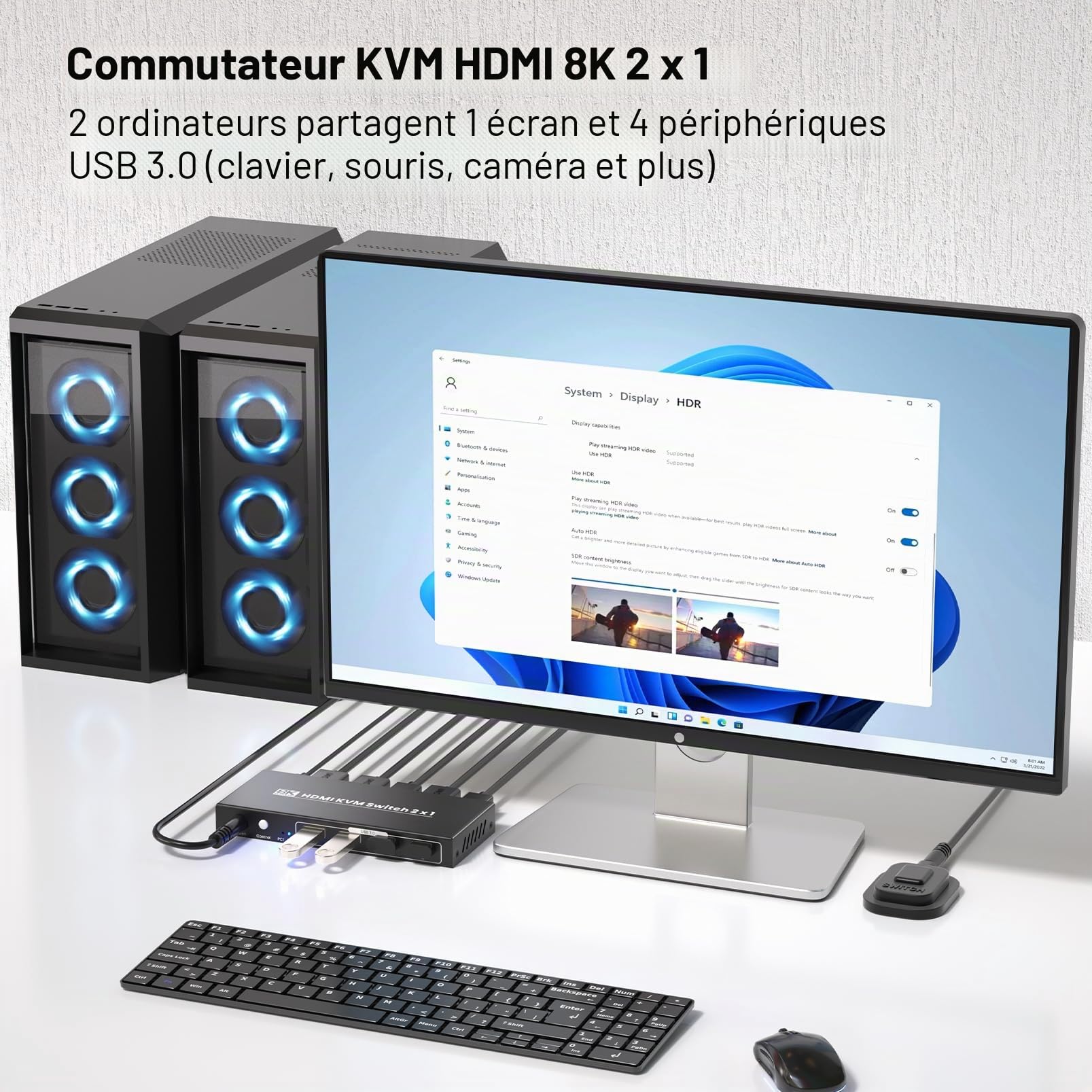 Commutateur KVM HDMI 1 moniteur 2 ordinateurs, 8K60Hz 4K120Hz USB 3.0 2 ports HDMI KVM Switch pour 2 PC Gestion via 1 ensemble de clavier, souris et 1 moniteur