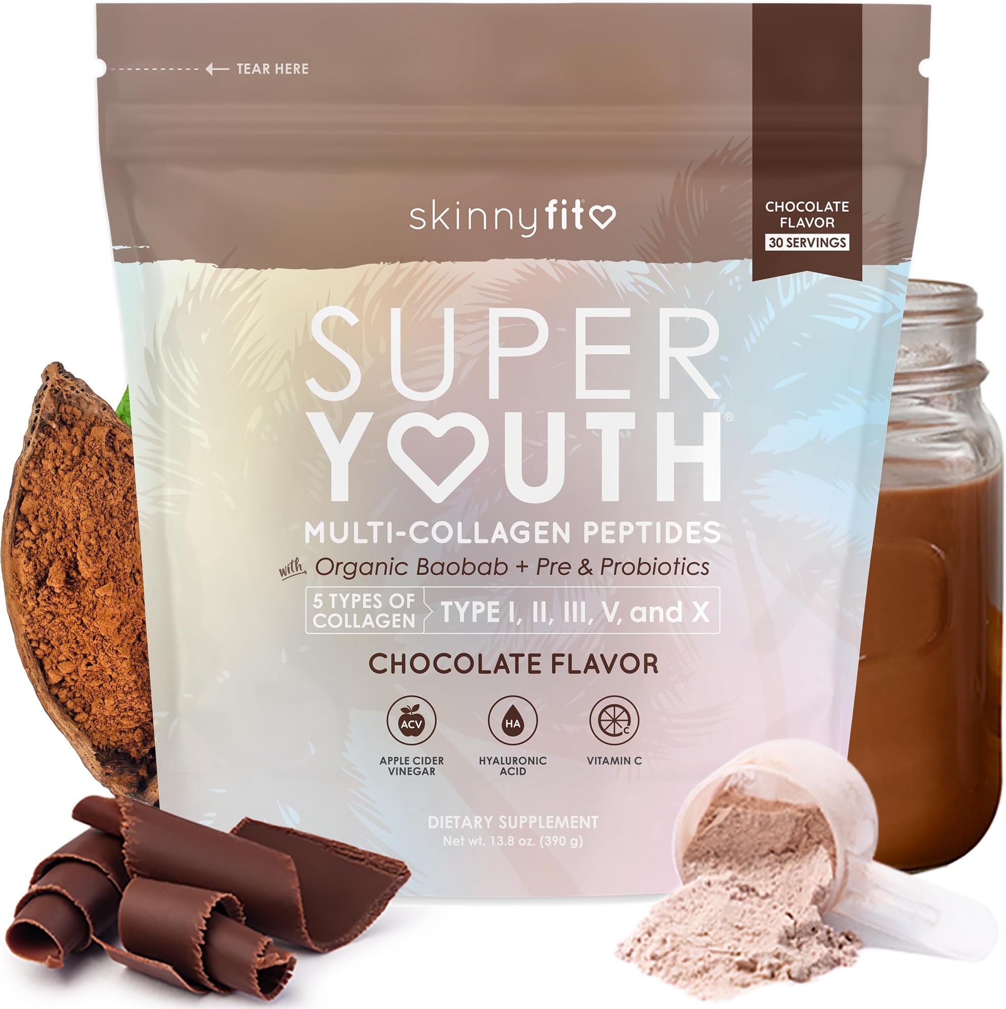SkinnyFitSuper Youth, Chocolate (30 Servings) - Multi Collagen Peptides Powder - Probiotics, Fiber, Hyaluronic Acid - Collagen for Women - Non GMO, Gluten Free, Sugar Free - Beauty & Self Care