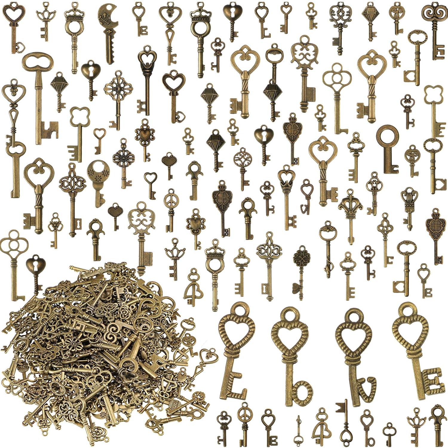 Hinly 500 Pieces Vintage Skeleton Key Set Charms Mixed Antique Style Bronze Brass Key Set Charms Collection Kits for Pendant DIY Making Jewelry Earring Craft Wedding Party Favors Decor