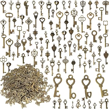 Hinly 500 Pcs Bulk Skeleton Key Charms Vintage Antique Bronze Brass Style