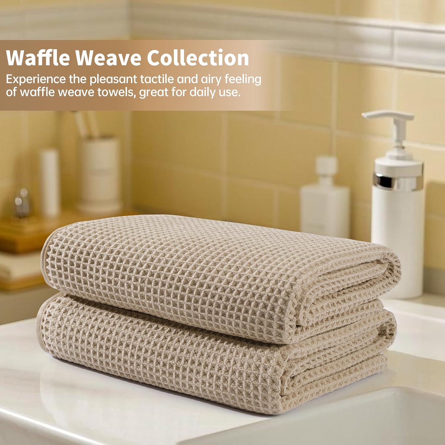 Microfiber Waffle Bath Towels, 4 Pieces, Soft, Absorbent, Fast Drying, Lint Free 430 GSM (Beige)