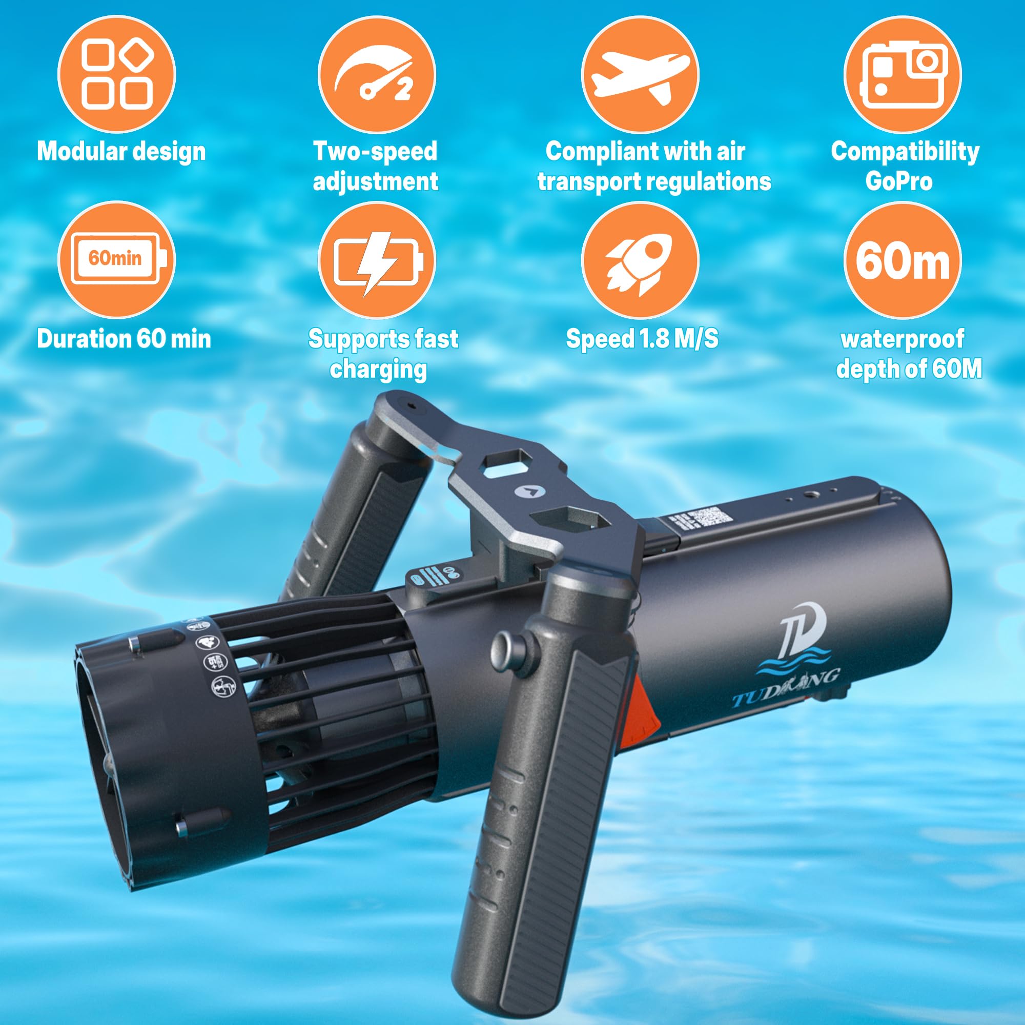 TUDIVING Verbesserter Unterwasserantrieb | 1 Stunde Akkulaufzeit | abnehmbarer Akku | IPX8 wasserdicht | wasserdicht bis 60 m | Unterwasser-Scooter mit Action-Kamera-Halterung für Wassersport