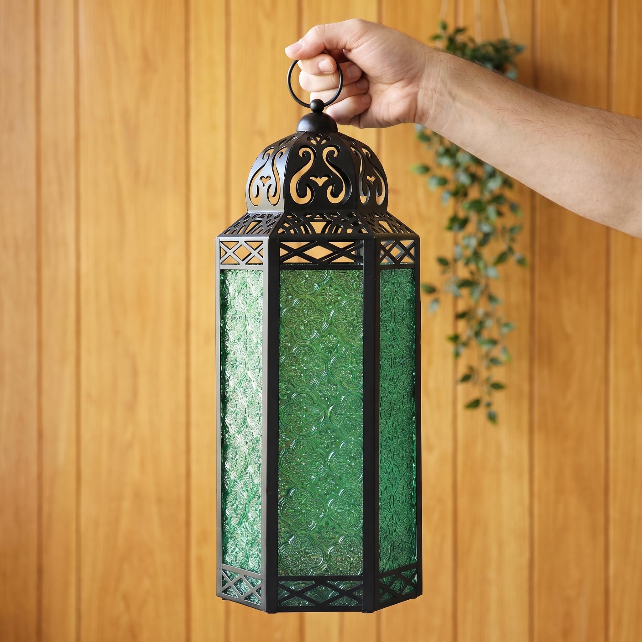Lanterna decorativa marocchina in metallo nero, portacandela per interni ed esterni, decorazione per la casa, extra large, verde