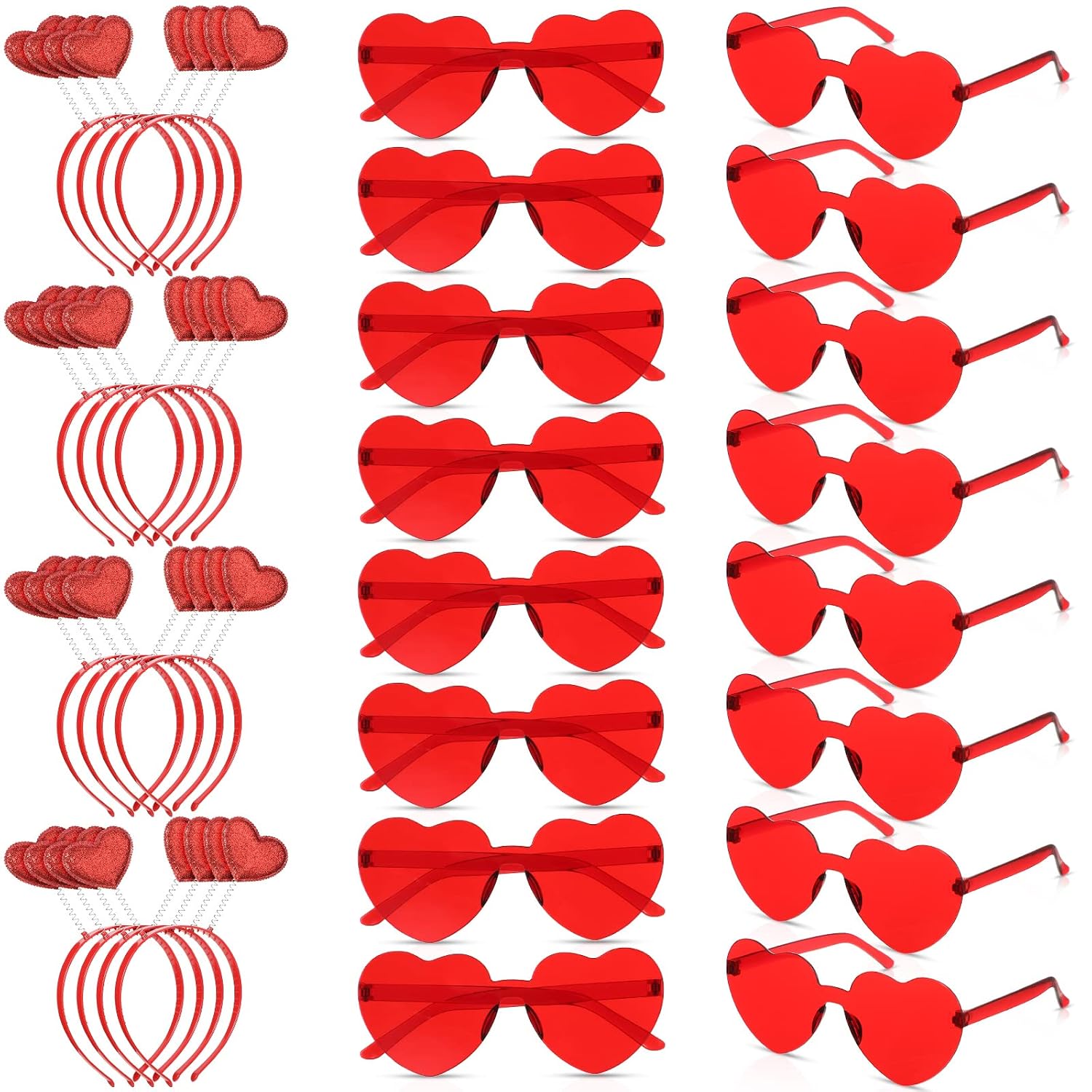 Macarrie 32 Pieces Valentine's Day Heart Headband and Heart Sunglasses Head Boppers Glitter Valentines Accessories for Women(Red)