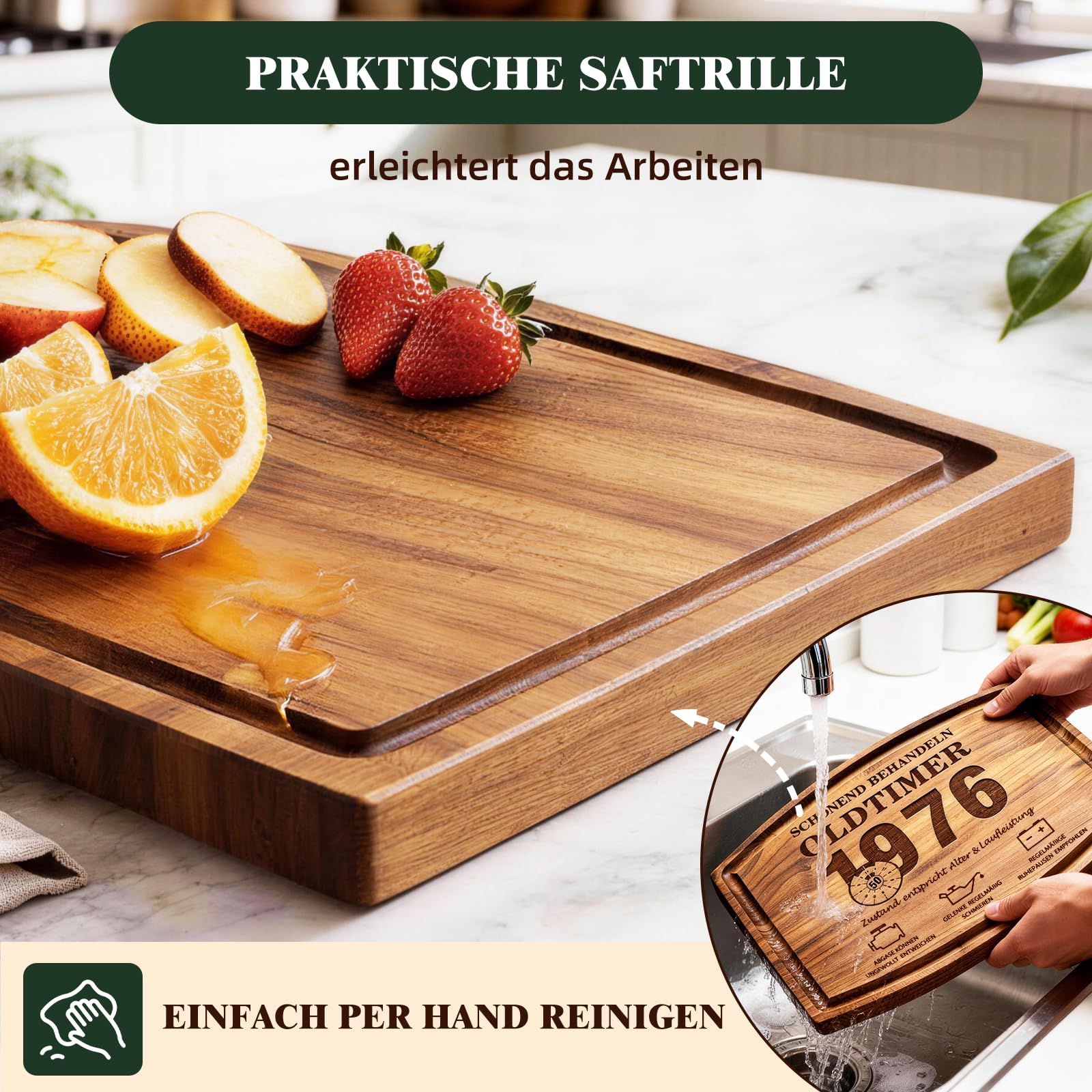 Giftota Geschenke zum 70. Geburtstag Mann - Schneidebrett aus Walnussholz mit Ständer Saftrille - Geburtstagsgeschenk für Papa Opa Ehemann Freund - Schonend Behandeln 1956 Oldtimer