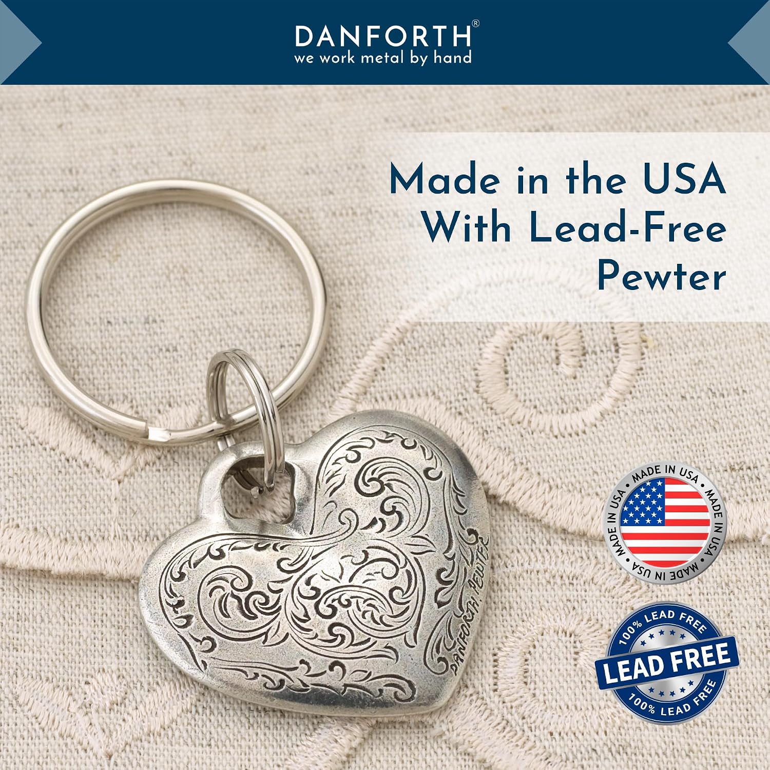 DANFORTH Florentine Heart Keychain | Pewter Gift for Mom and Mom Presents | Unique Mothers Gift Ideas | Handcrafted Gift for Mom | Made in USA | Gifts for Moms | 1.5 Inch