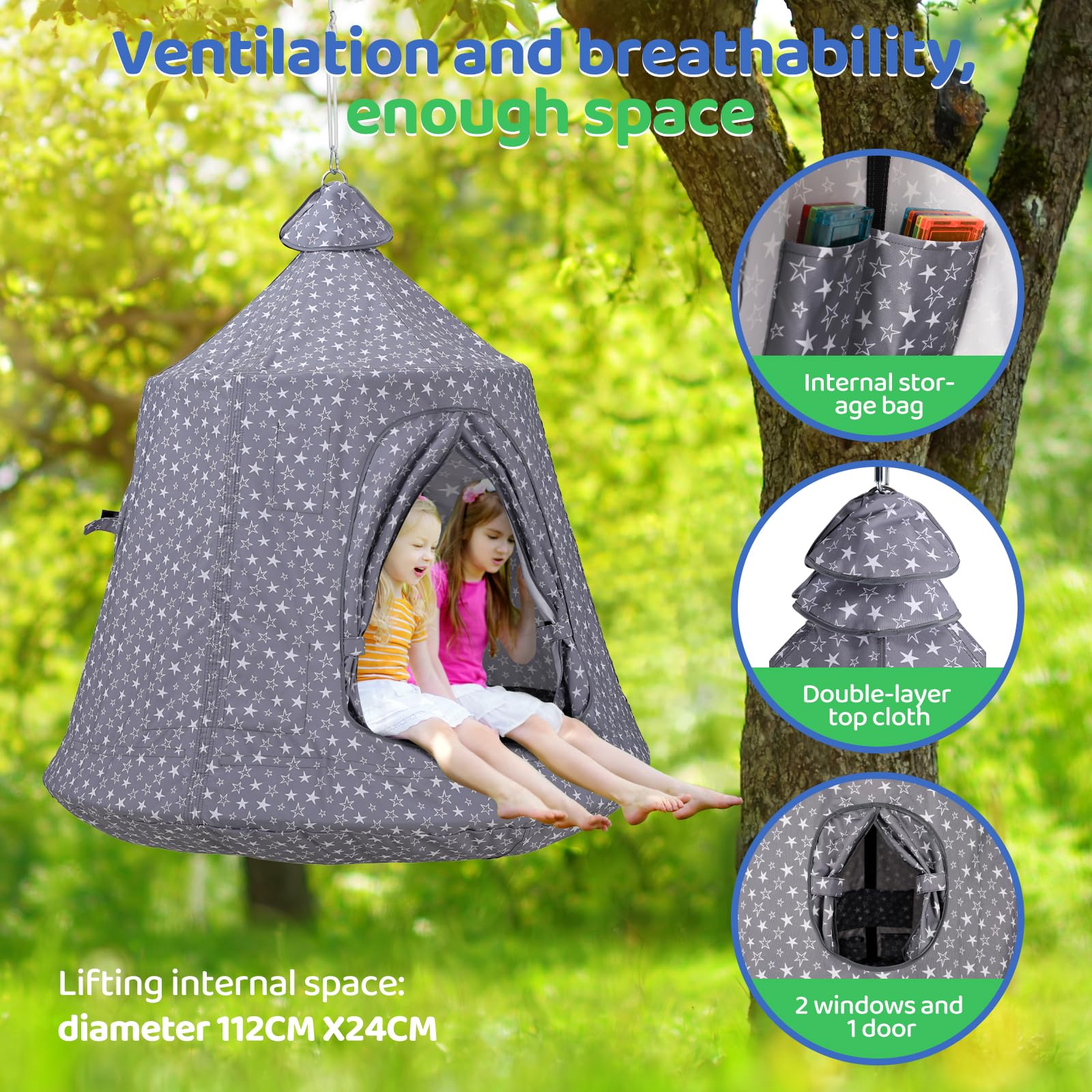 MAMIZO Hängesessel mit Gestell Outdoor&Indoor,150kg Hängehöhle,213×112×112cm Hängematte,Hänge Spielzelt,Schaukel Garten,Camping Hängezelt,int LED-Leuchten,mit aufblasbarem Kissen
