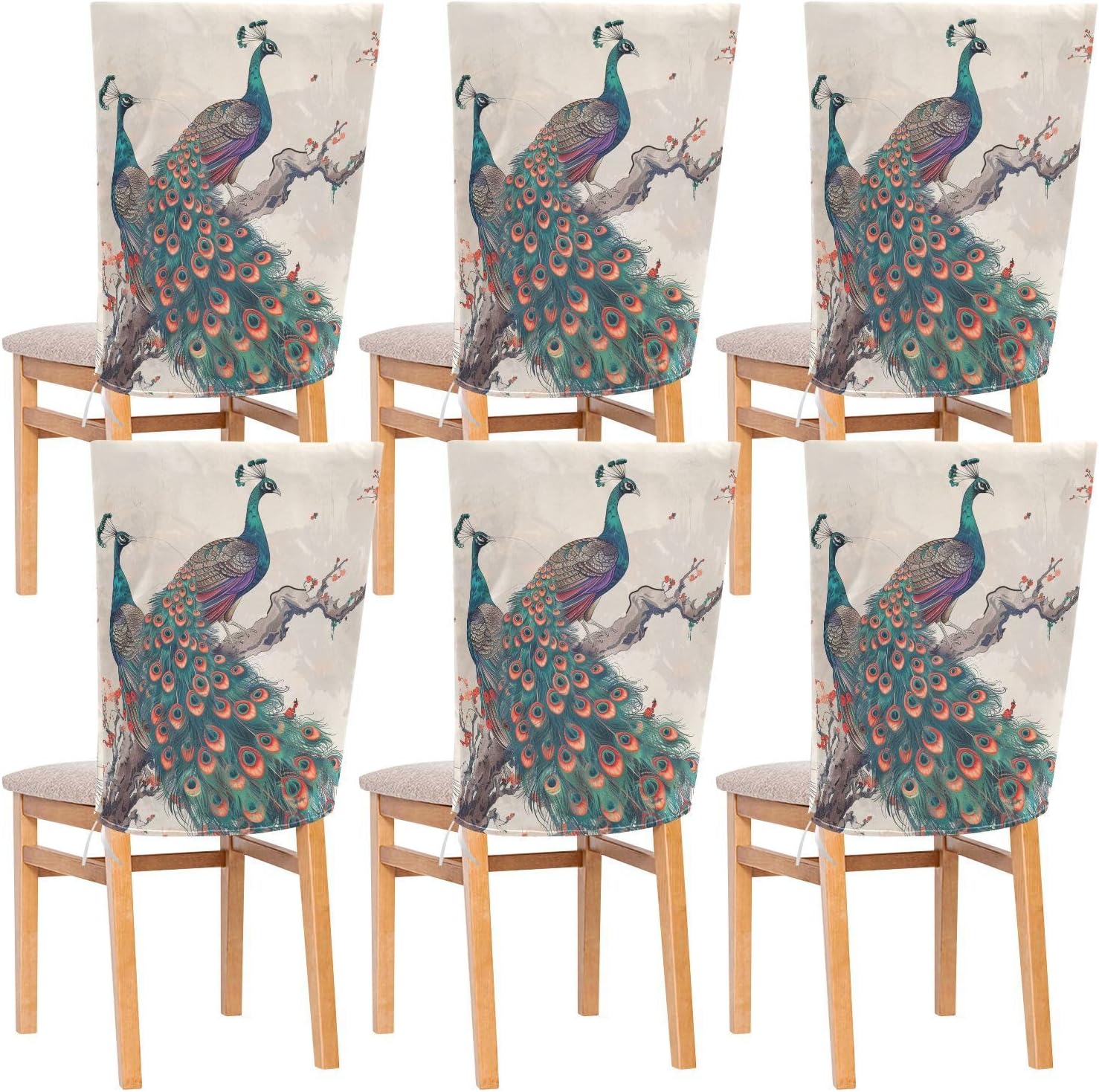 ALAZA Peacocks on The Tree Chair Back Cover Set of 6, Washable Reusable Removable Chair Slipcovers Decorative Chair Cover for Home Kitchen Wedding Party