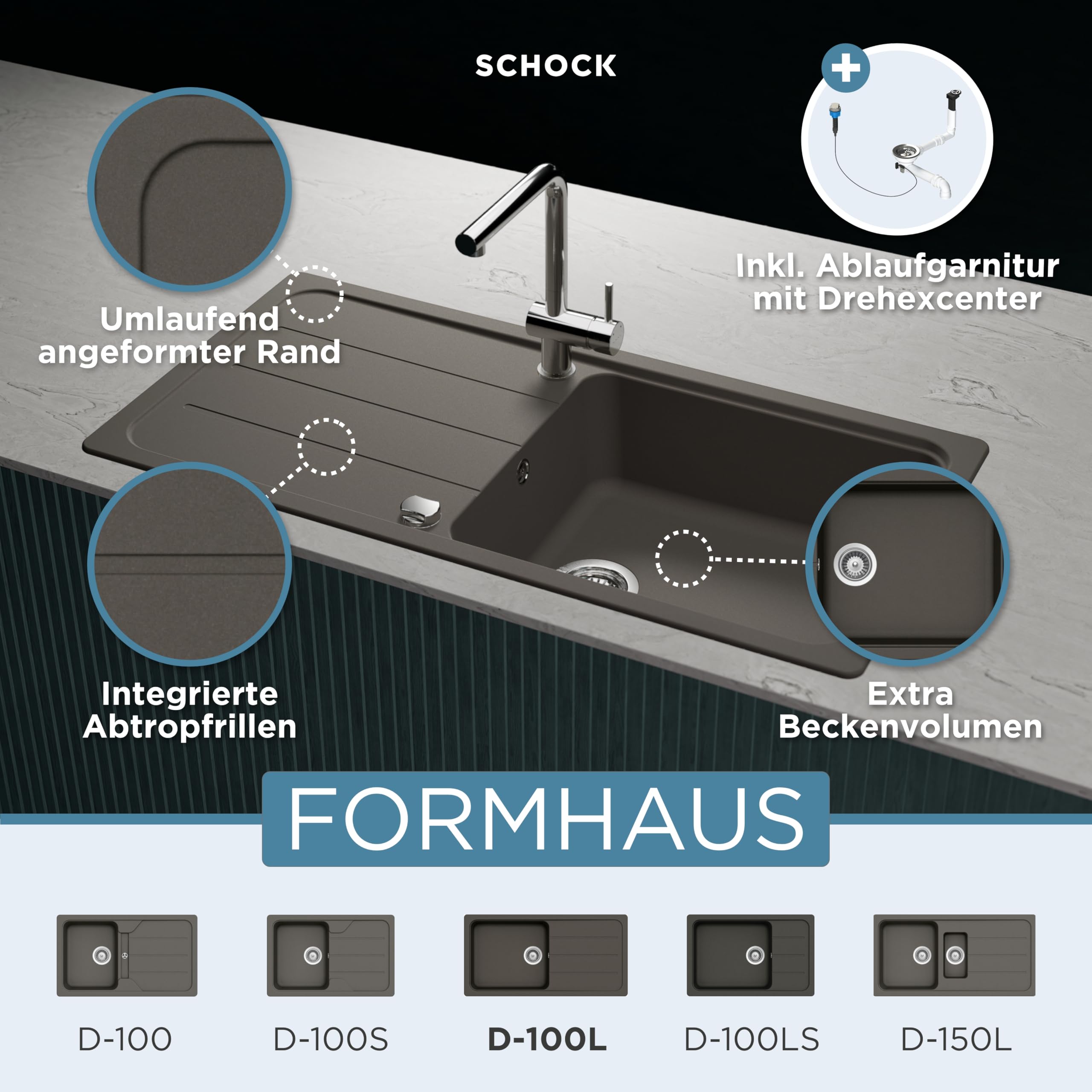 SCHOCK Granitspüle Formhaus D-100L Asphalt I Einbauspüle für 60 cm Unterschrank I Küchenspüle mit Abtropffläche I CRISTALITE Spüle hitzebeständig kratzfest I Design Spüle schwarz robust & pflegeleicht