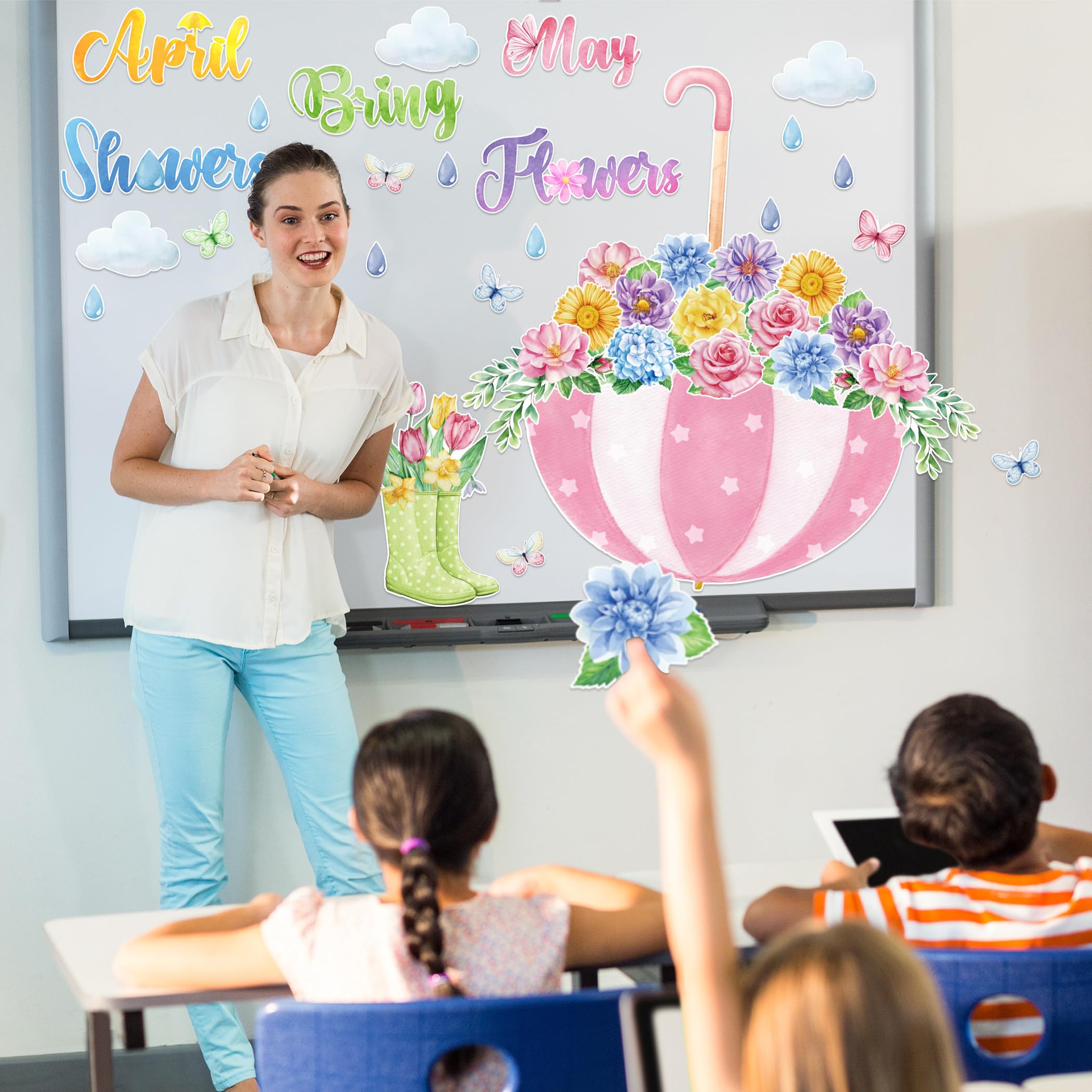 POSLIUE 66Pcs Multicolor Floral Spring Bulletin Board Decorations, 'April Showers Bring May Flowers' Theme, Cardboard Cutouts for Classroom, Party Supplies