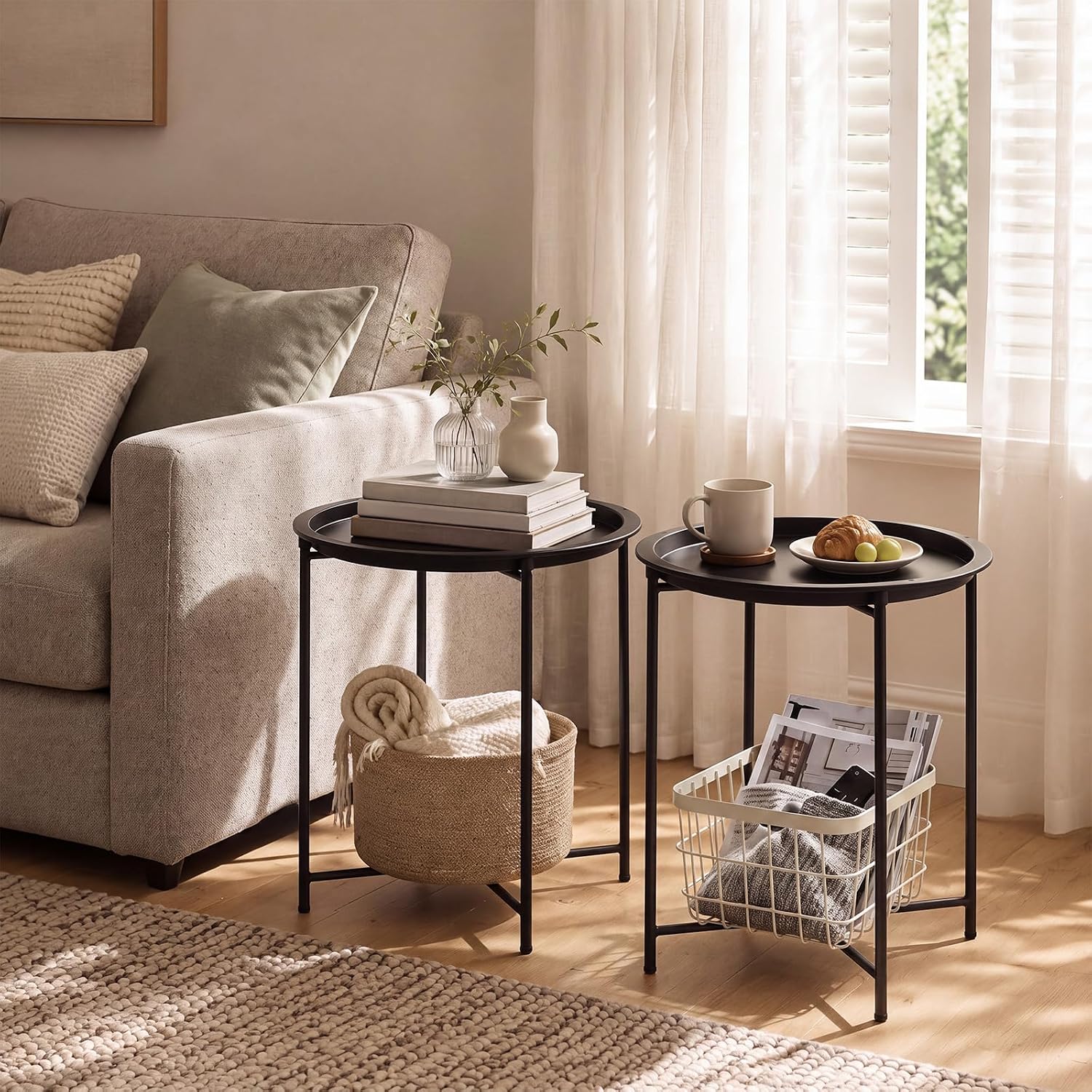 Sintuff 8 Pack Folding Side Table Round Metal with Removable Tray Black