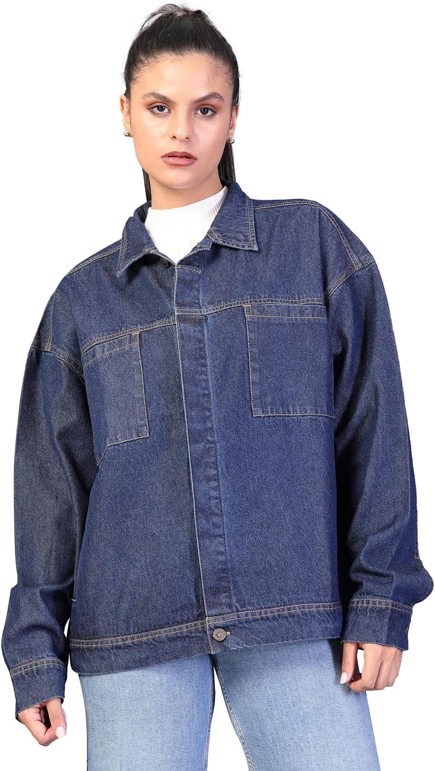 Oversized Denim Jacket Full Sleeve Navy Blue Solid Women's Jackets