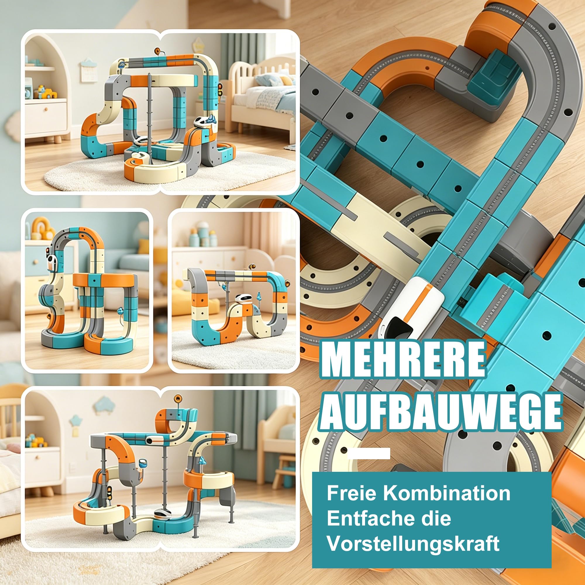 Elektrische 3D Eisenbahn Kinder Spielzeug – 66-teiliges DIY Schienensystem mit Motor Looping & Kugelbahn Effekt STEM Lernspielzeug, Kreatives BAU-Set