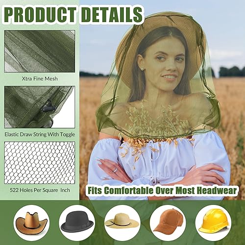 HESTYA Paquete de 4 mosquiteros de malla para la cabeza, mosquitera para la cara, mosquitera de insectos y mosquitos para exteriores (verde militar)