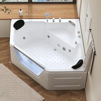 59 in Hydromassage Corner Jetted Bathtub for 2 with LED