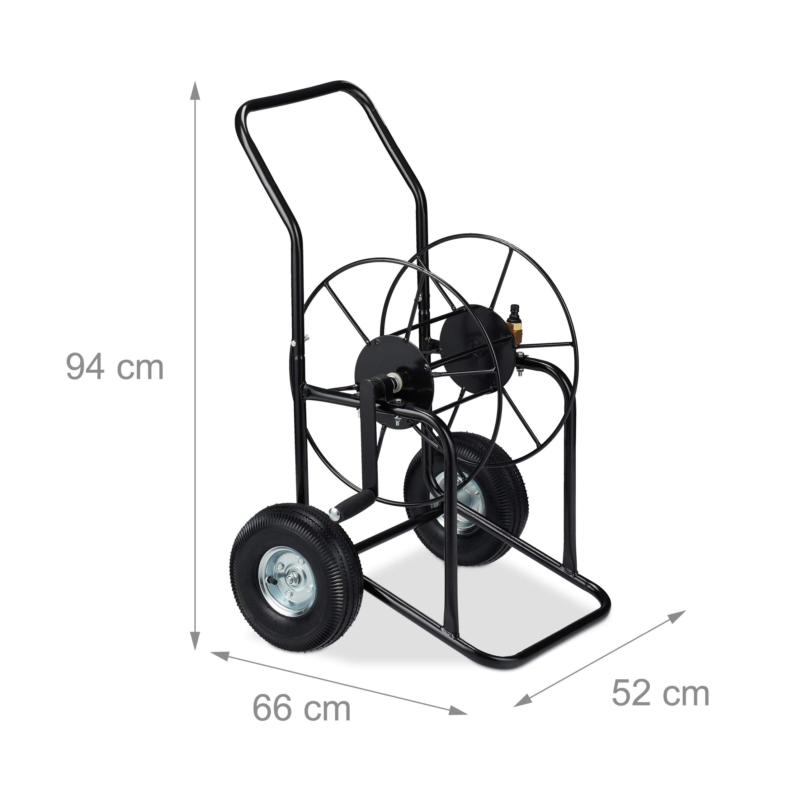 Wózek na wąż Relaxdays, ruchomy bęben na wąż, przyłącze 1/2" i 3/4", do 80 m węża, 2 koła, metal, czarny