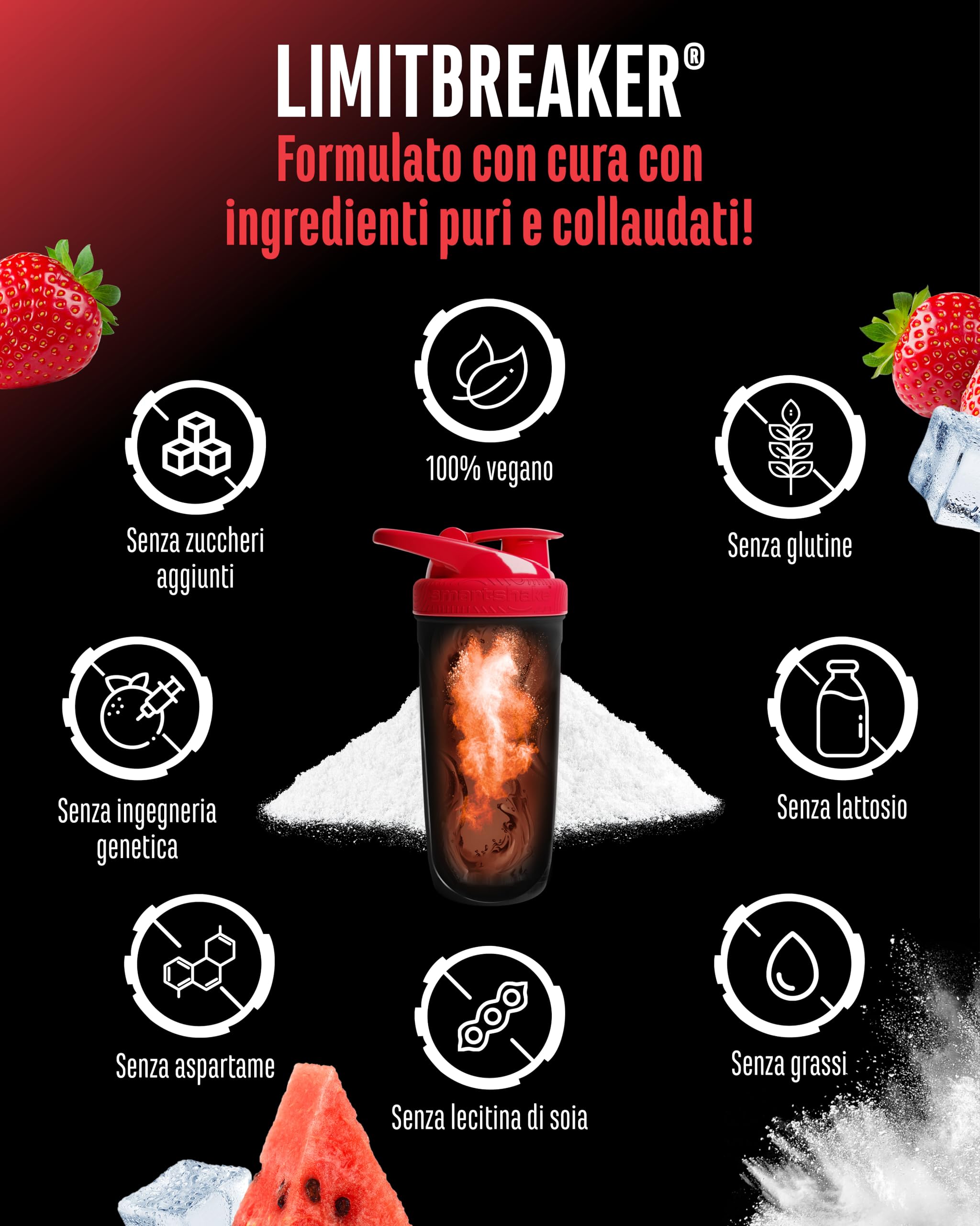 LIMITBREAKER® Pre Workout Booster con 300 mg di Caffeina - Gusto Fragola Anguria - con L Citrullina, AAKG, Beta Alanina e L Teanina - Alto Dosaggio - 360 g di Polvere 20 Porzioni - Vegano
