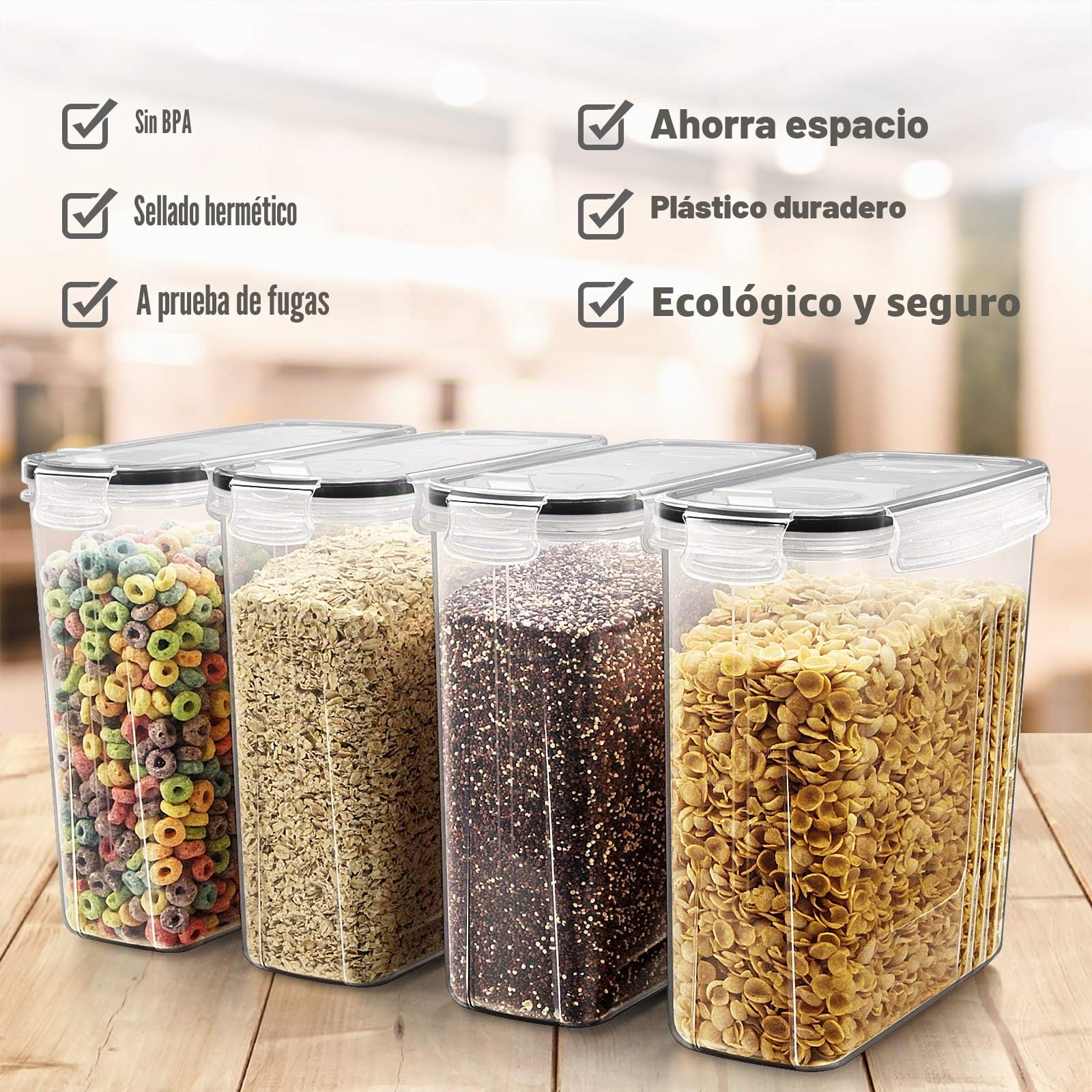 Wildone 8 recipientes herméticos para cereales y alimentos secos de 2,5 L de capacidad para azúcar, harina, etc. Tapas negras a prueba de fugas