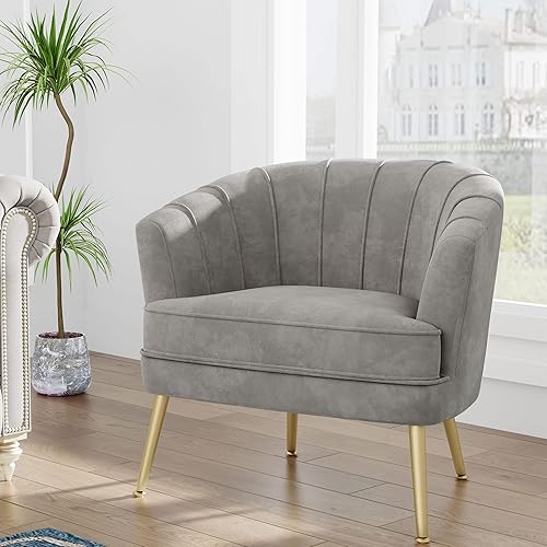 Andeworld Velvet Accent Chair, Upholstered Modern Single Sofa Side Chair,Comfy Barrel Club Living Room Armchair with Golden Metal Legs for Bedroom Living Reading Room Office, Grey