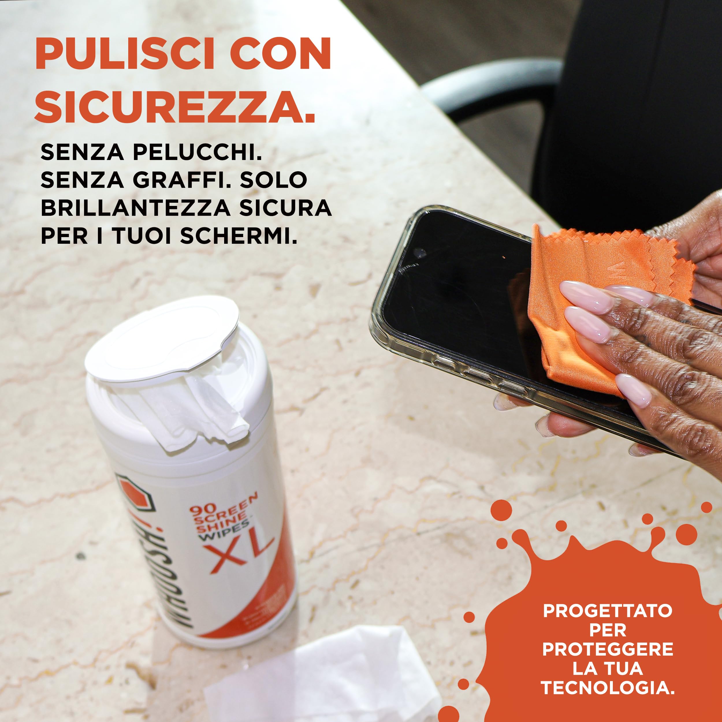 WHOOSH! Screen Shine 90 Salviette Schermo Per Auto, TV, Laptop, MacBook E OLED Con Panno Microsuede – Senza Pelucchi, Non Abrasive, Senza Aloni Salviette Occhiali Pulizia