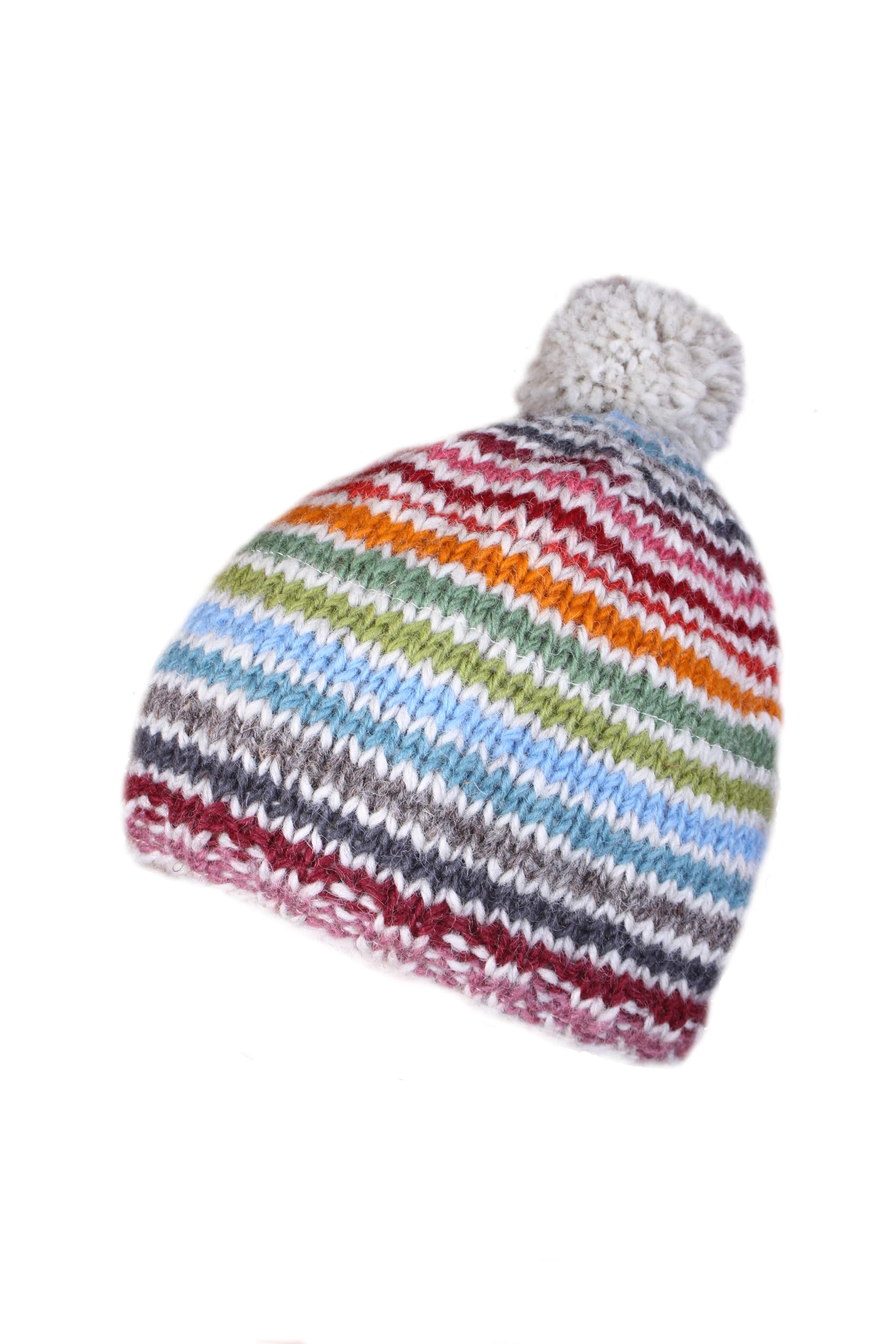 Pachamama Women Wool Beanie Bobble Hat Fleece Lined Handknitted Stripe Multicoloured One-Size Handmade Extra Warm Fair Trade