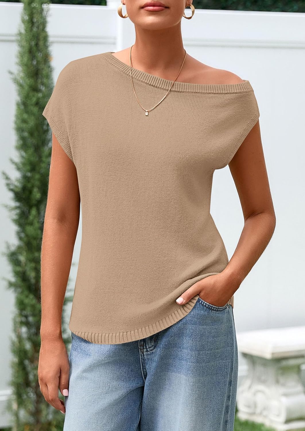 PRETTYGARDEN Womens Off The Shoulder Tops 2026 Summer Casual Short Sleeve Tunic T Shirts Lightweight Knit Sweaters - Image 3