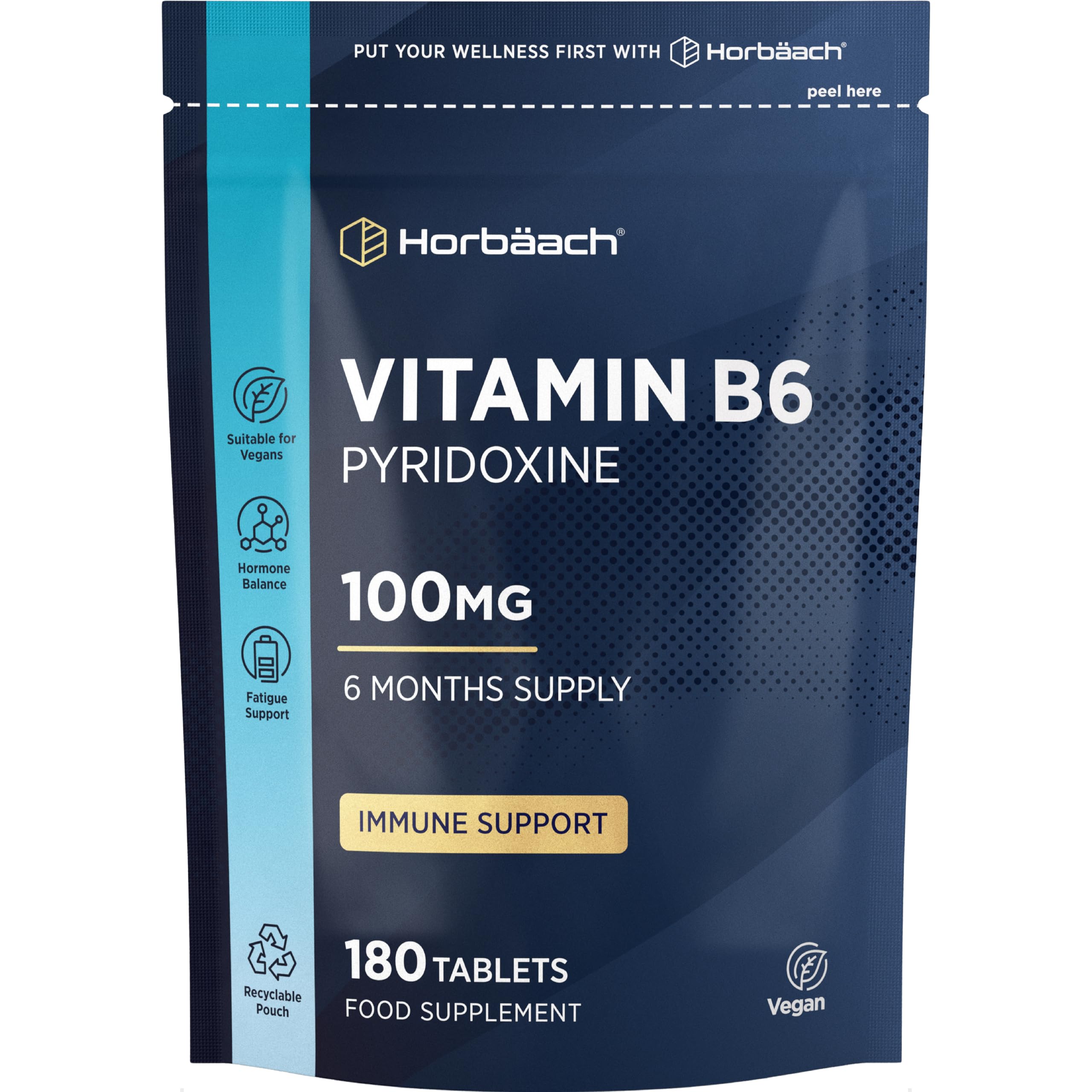 Vitamin B6 High Strength 100mg | 180 Tablets (6 Months Supply) | Vitamin B6 as Pyridoxine HCI | One-a-Day Formula Suitable for Vegans | by Horbaach