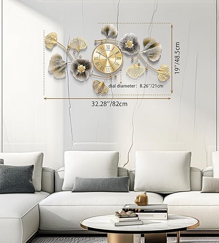 Miniatura 3 de Relojes de pared para decoración de sala de estar, reloj de pared grande, diseño creativo 3D de hoja de ginkgo de metal, con movimiento silencioso,
