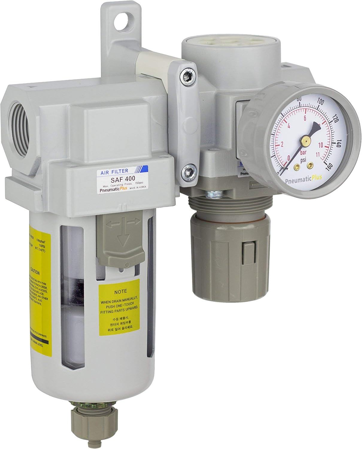 PneumaticPlus SAU420-N06G Compressed Air Filter Regulator Combo 3/4" NPT - Poly Bowl, Manual Drain, Bracket, Gauge