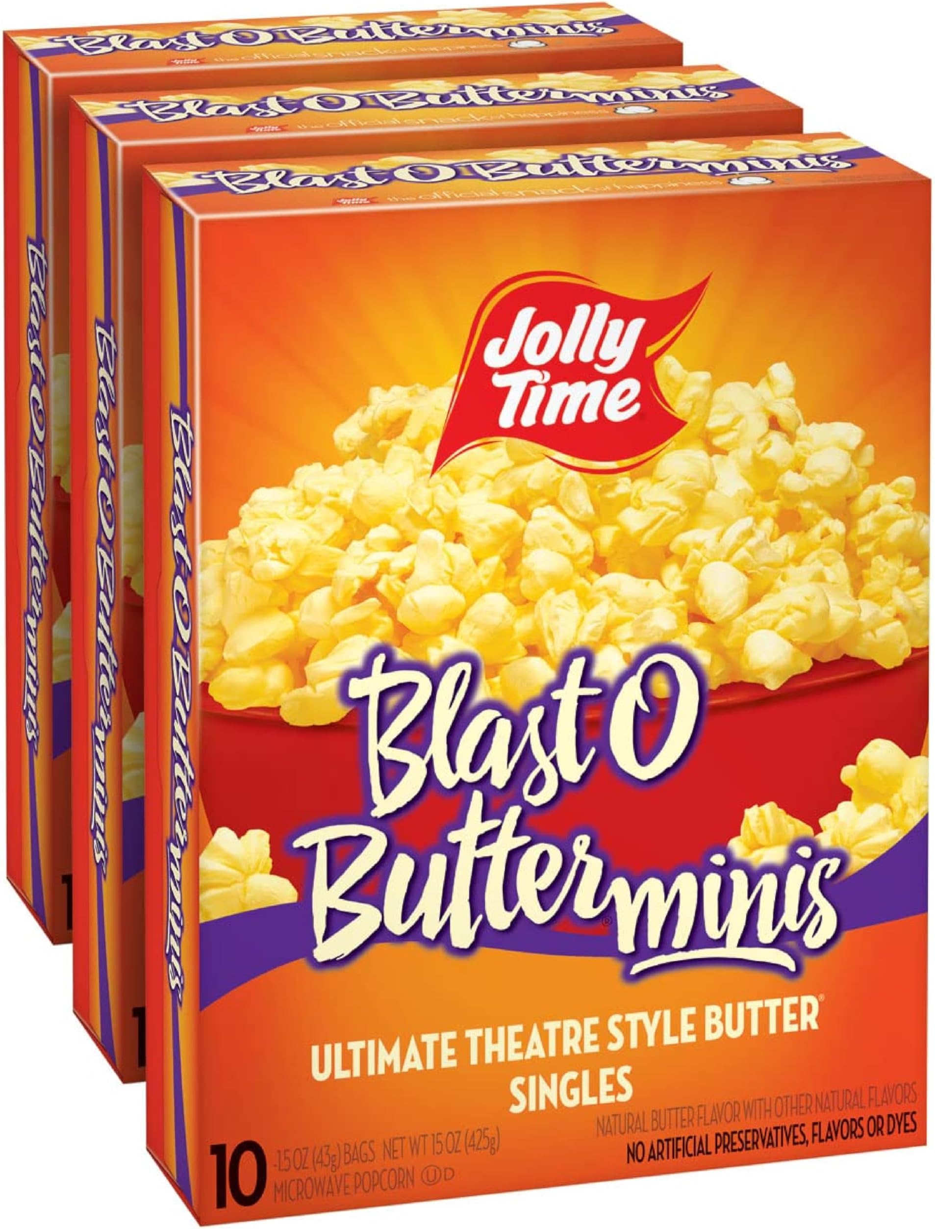 Jolly Time Blast O Butter, Ultimate Movie Theater Butter Microwave Popcorn, 1.5oz Personal Bag, 10 Bags Per Carton (Blast O Butter Minis, 1.5 Ounce (Pack of 30))