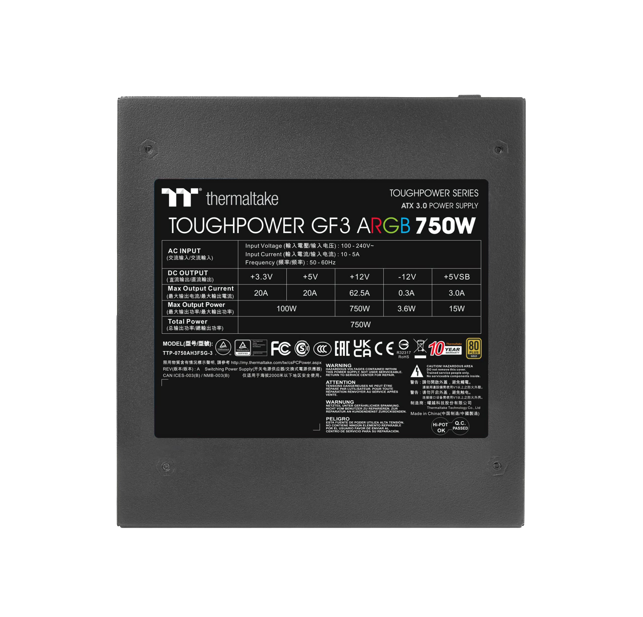 Thermaltake Toughpower GF3 ARGB 750W | Alimentation PC ATX 3.0 | PCIe Gen 5.0 | 80-Plus Gold | entièrement modulaire | Ventilateur Silencieux 140 | Certifié UE | Noir