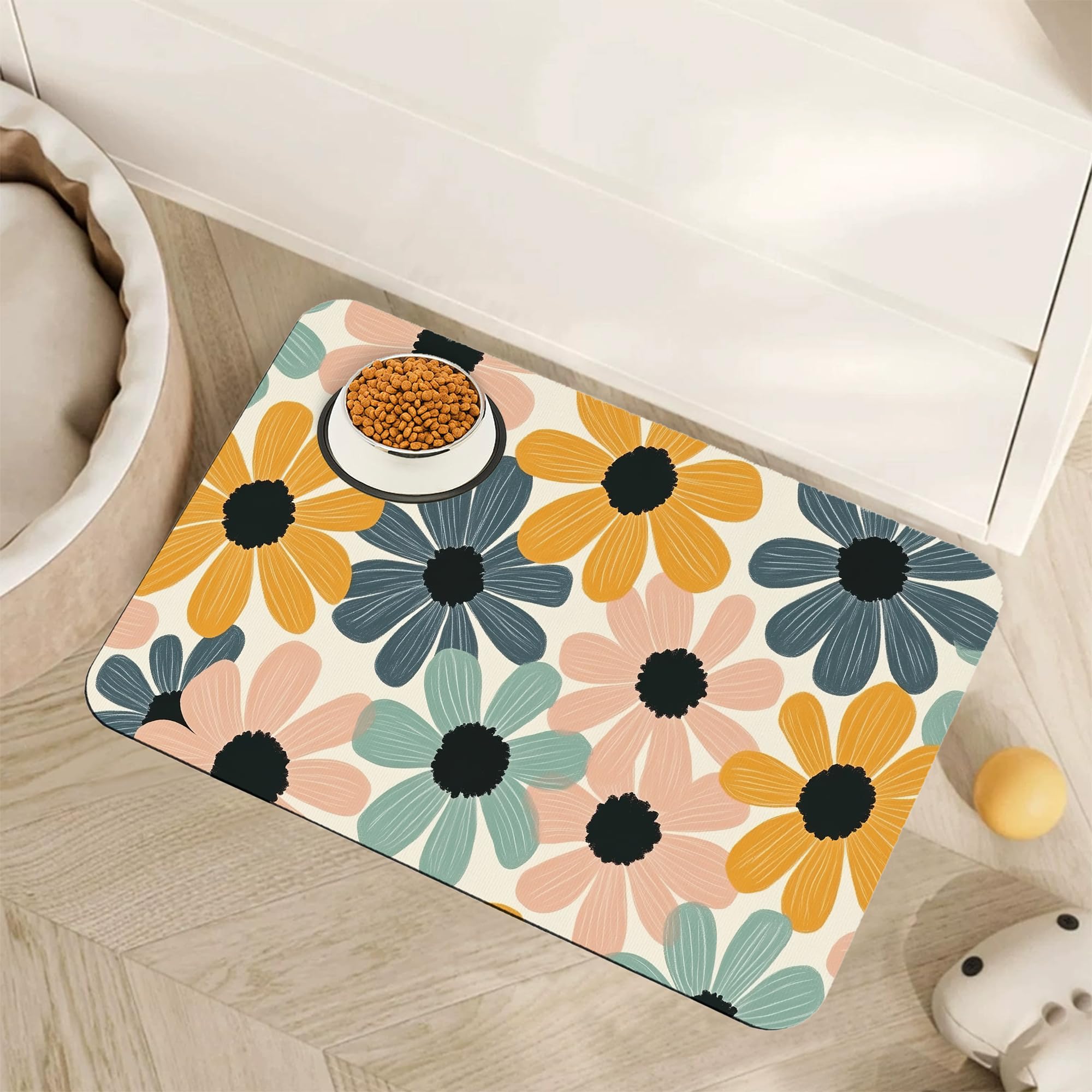 Abstract Daisy Flower Dog Food Mat for Floors,Retro Groovy Flowers Absorbent Pet Food and Water Bowl Mats,Non-Slip Pet Feeding Mat,Pet Supplies 16" x 24"